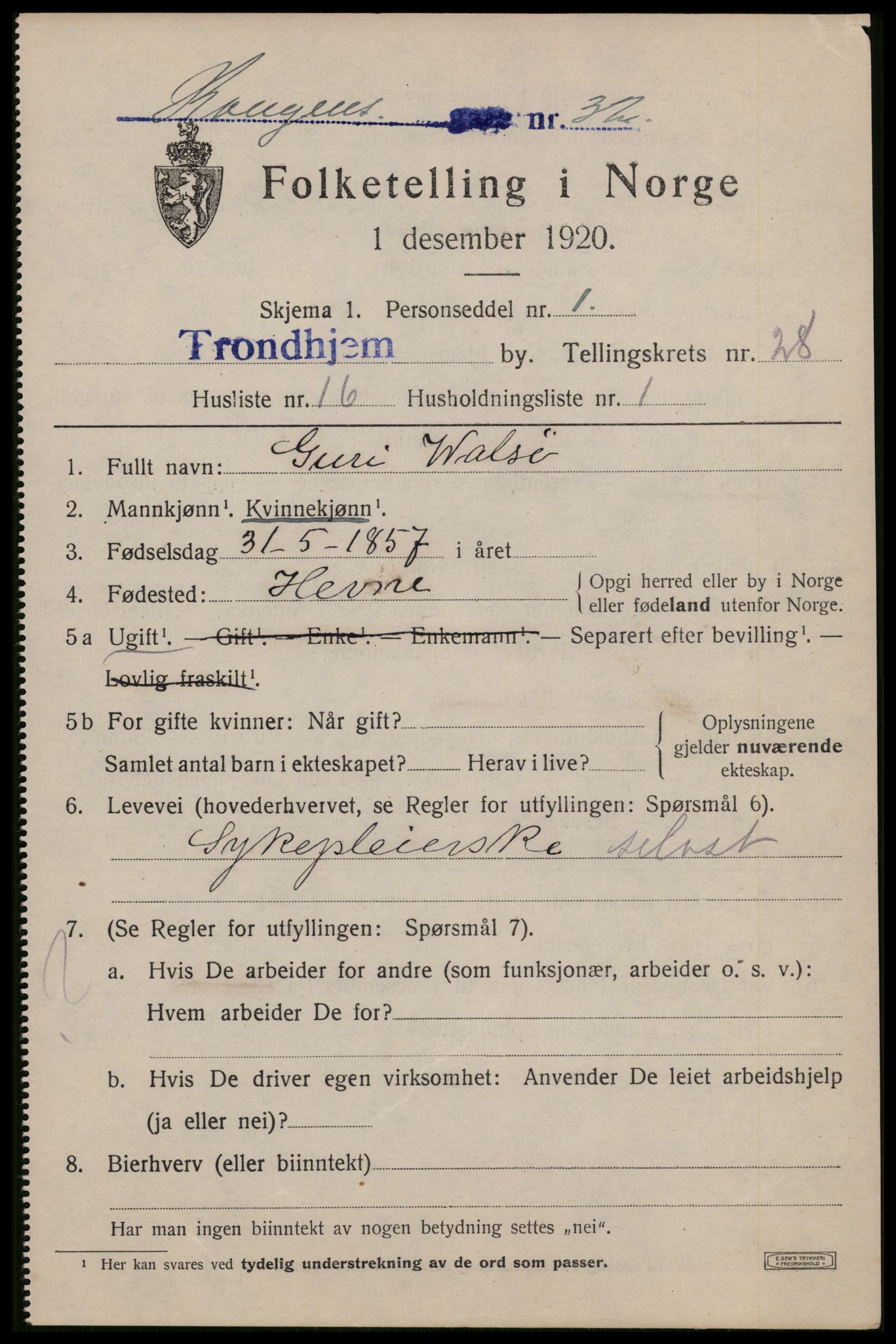 SAT, 1920 census for Trondheim, 1920, p. 71386