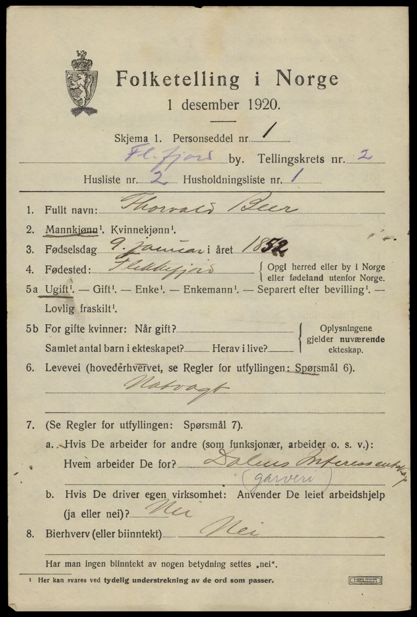 SAK, 1920 census for Flekkefjord, 1920, p. 2500