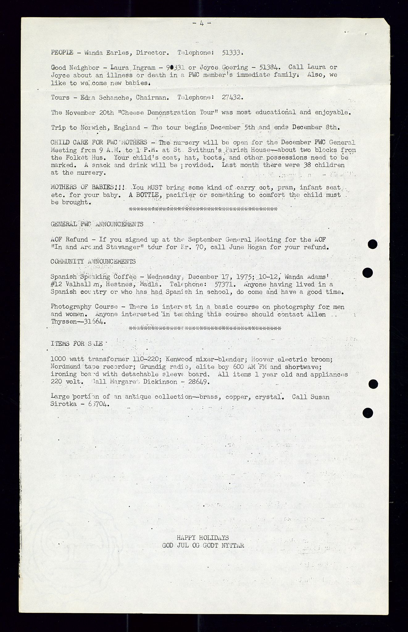 PA 1547 - Petroleum Wives Club, AV/SAST-A-101974/X/Xa/L0001: Newsletters (1971-1978)/radiointervjuer på kasett (1989-1992), 1970-1978