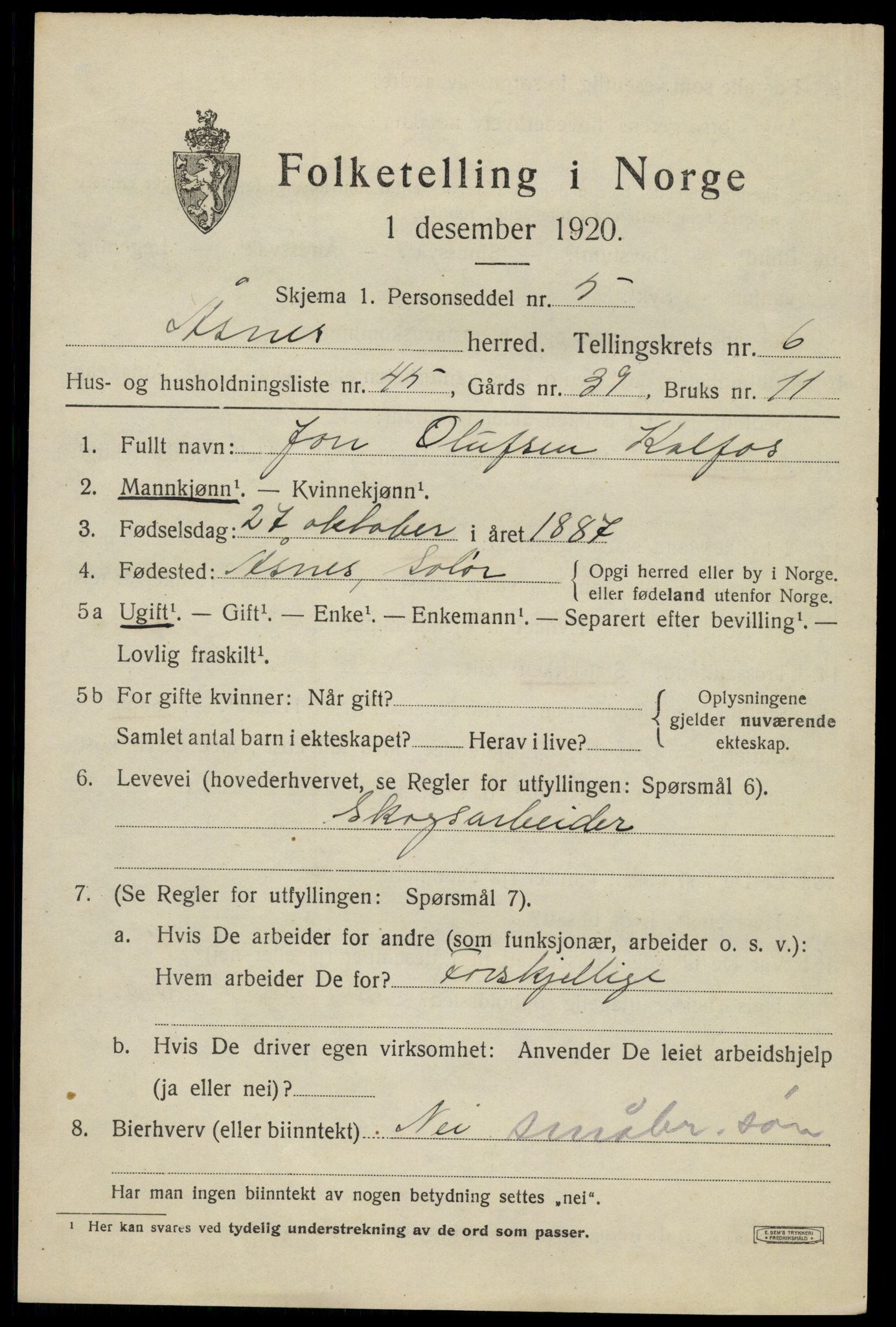 SAH, 1920 census for Åsnes, 1920, p. 8260