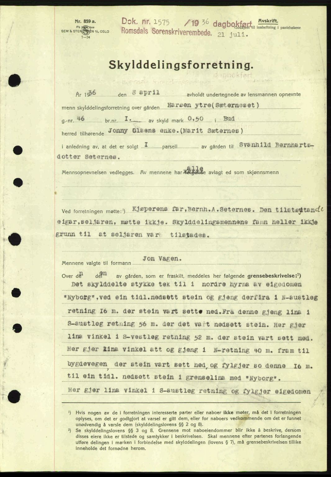 Romsdal sorenskriveri, AV/SAT-A-4149/1/2/2C: Mortgage book no. A1, 1936-1936, Diary no: : 1575/1936