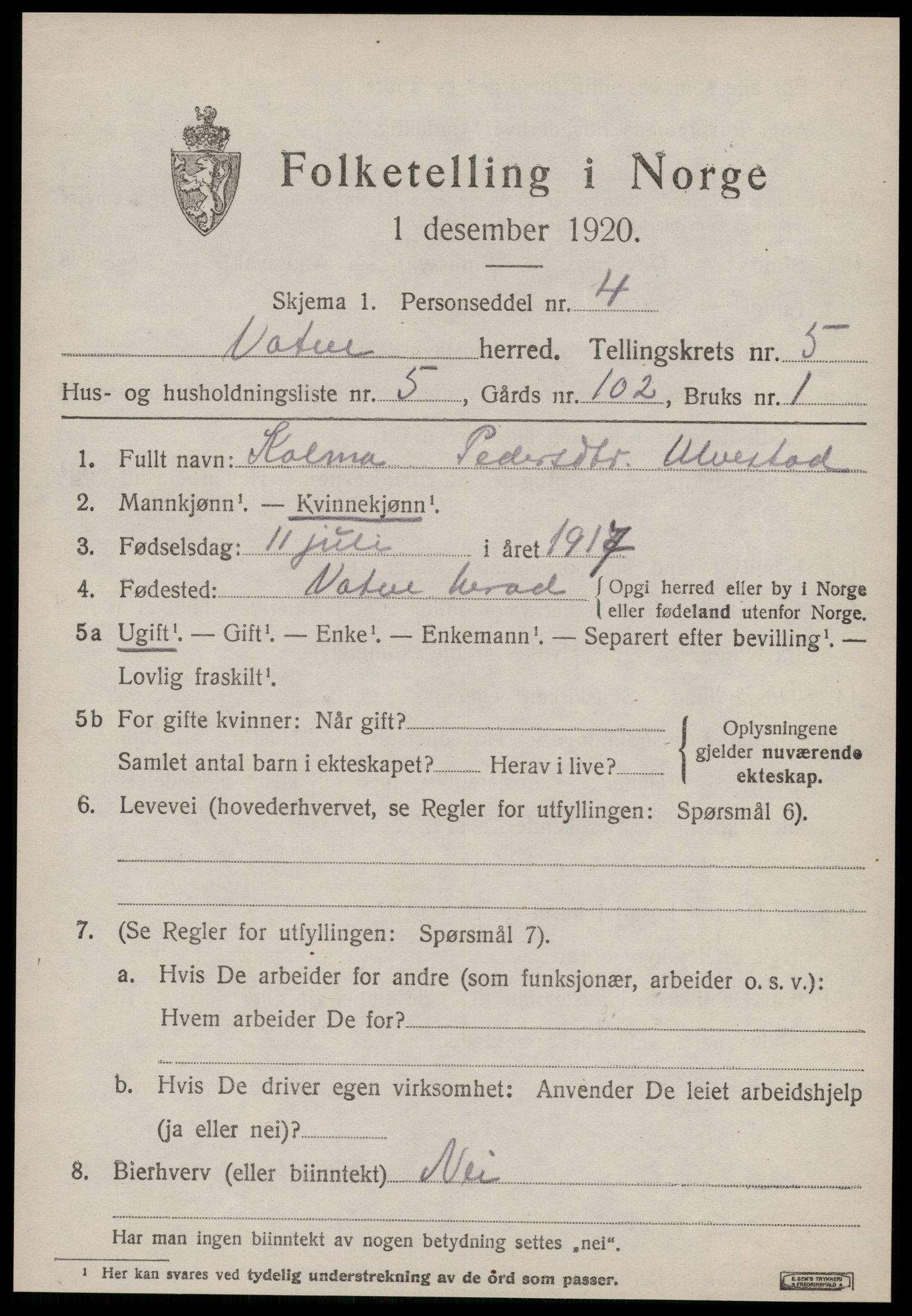 SAT, 1920 census for Vatne, 1920, p. 2216