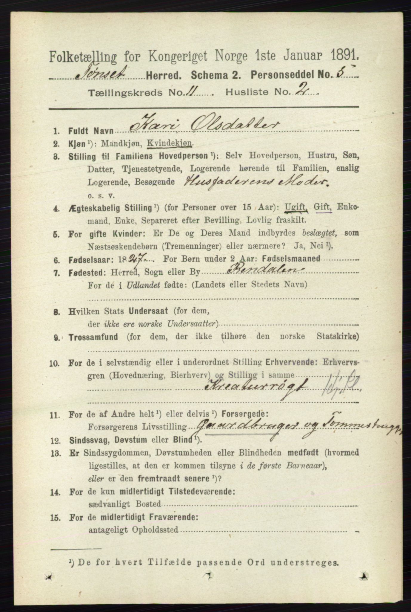 RA, 1891 census for 0437 Tynset, 1891, p. 3018