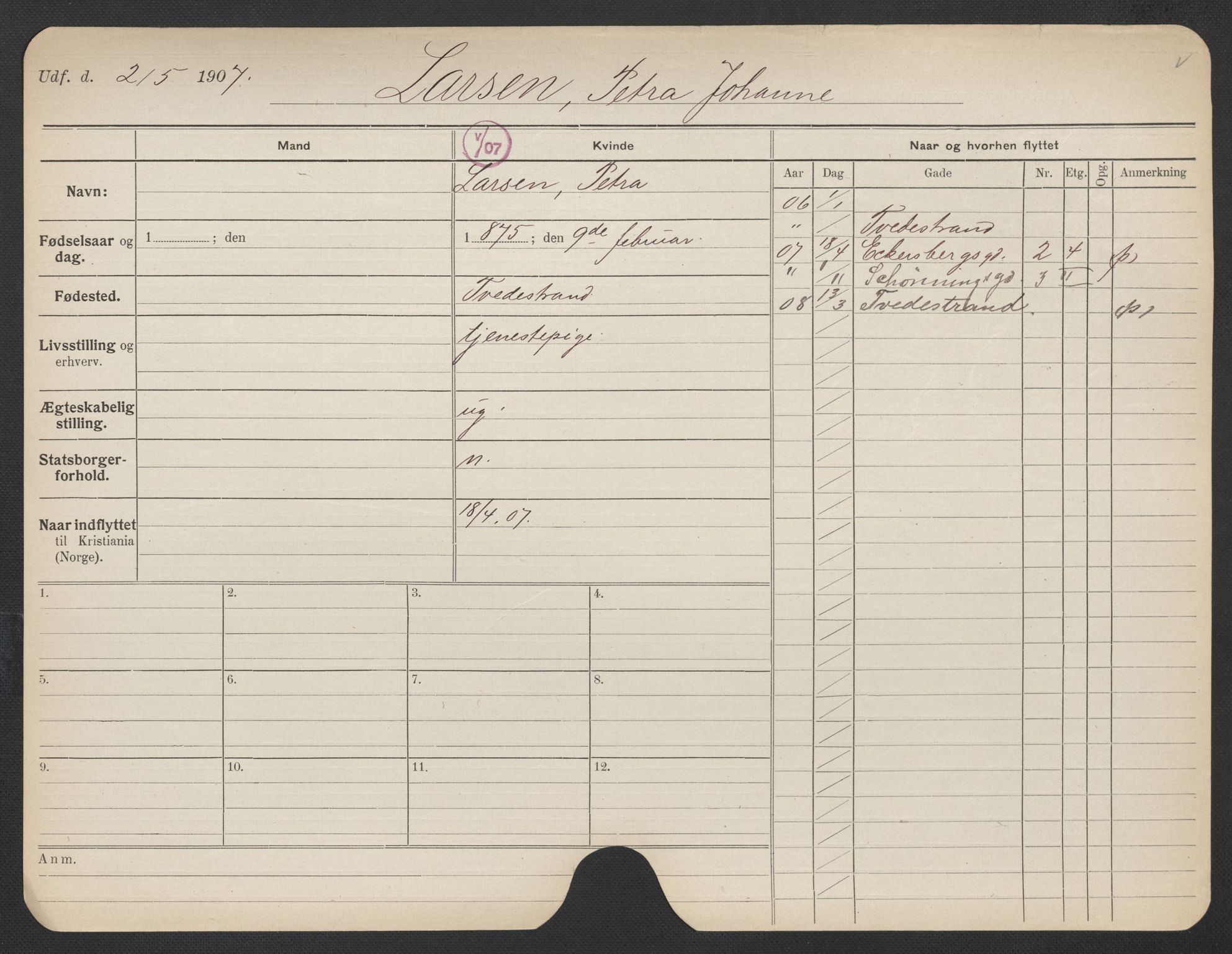 Oslo folkeregister, Registerkort, AV/SAO-A-11715/F/Fa/Fac/L0019: Kvinner, 1906-1914, p. 1120a