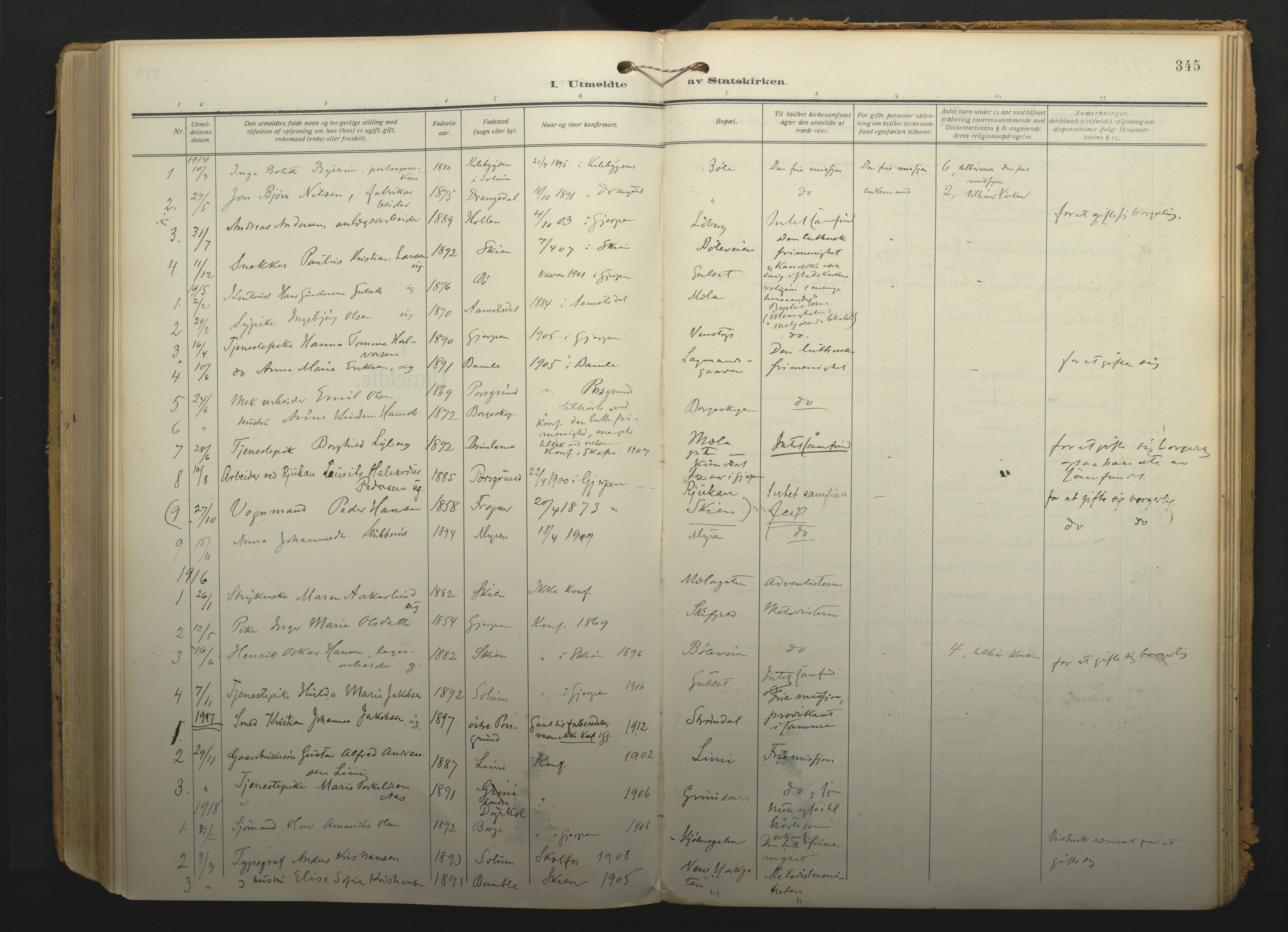 Gjerpen kirkebøker, SAKO/A-265/F/Fa/L0013: Parish register (official) no. I 13, 1914-1924, p. 345