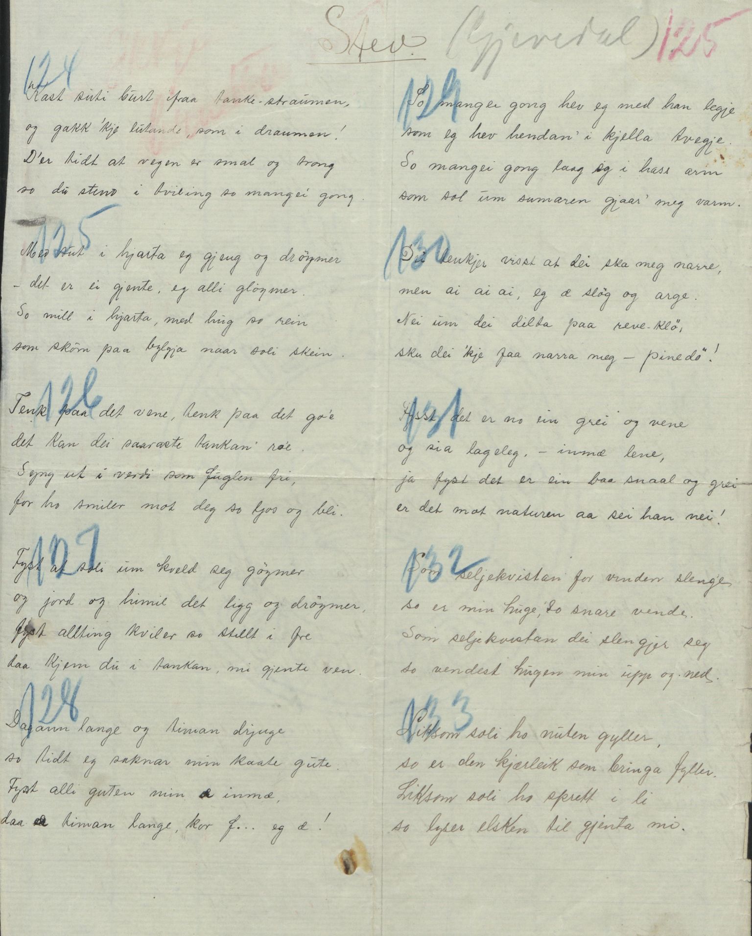 Rikard Berge, TEMU/TGM-A-1003/F/L0004/0053: 101-159 / 157 Manuskript, notatar, brev o.a. Nokre leiker, manuskript, 1906-1908, p. 125
