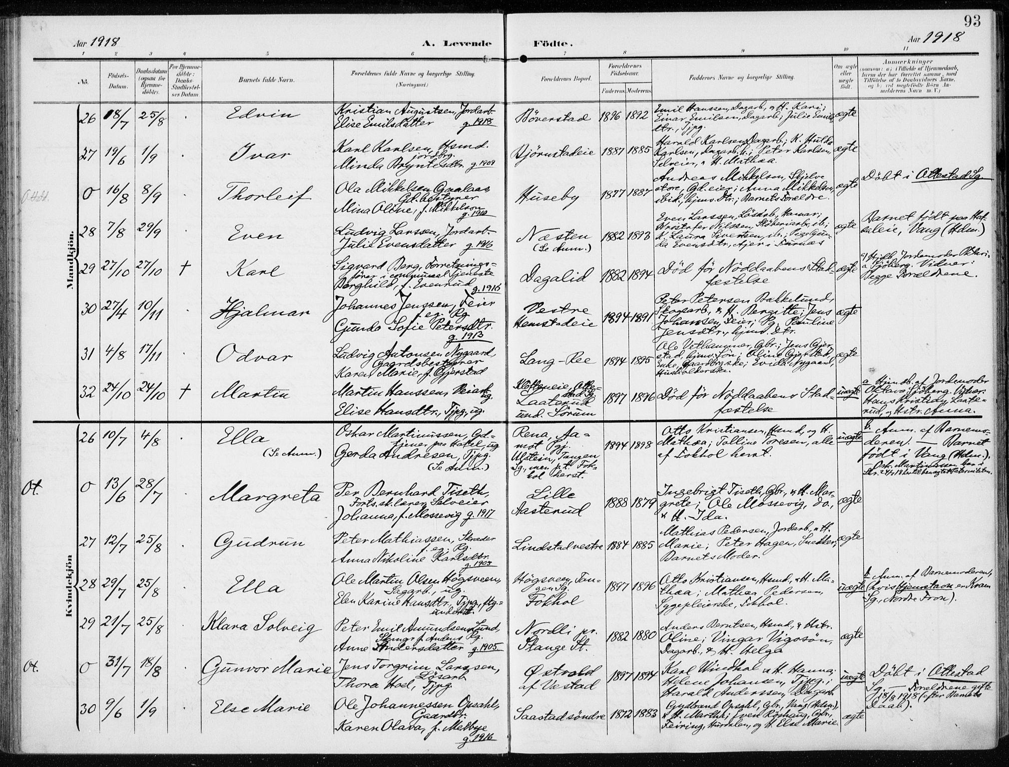 Stange prestekontor, AV/SAH-PREST-002/K/L0024: Parish register (official) no. 24, 1906-1922, p. 93