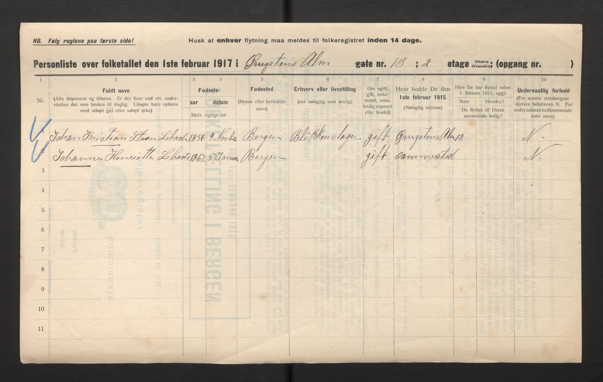 SAB, Municipal Census 1917 for Bergen, 1917, p. 46667