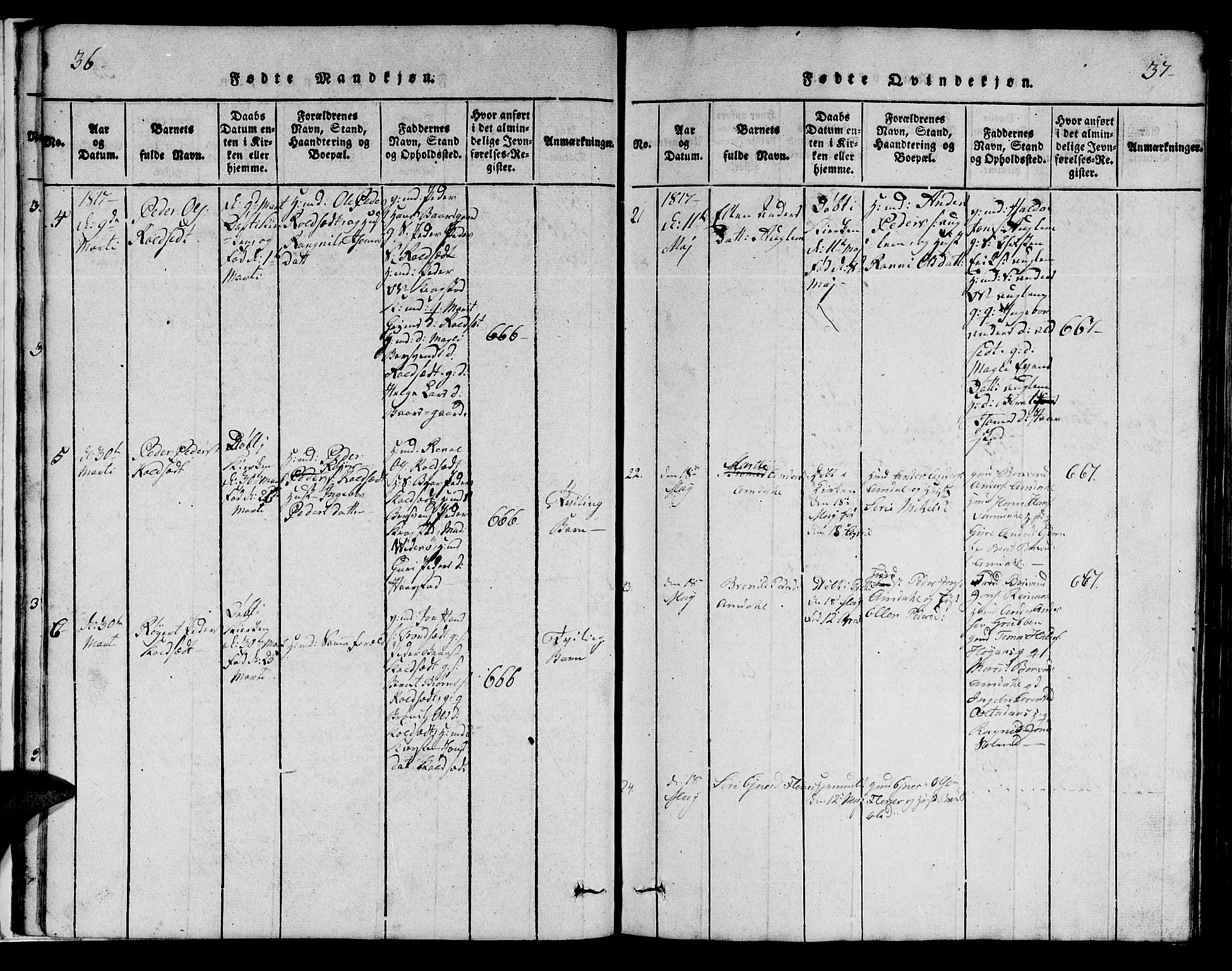 Ministerialprotokoller, klokkerbøker og fødselsregistre - Sør-Trøndelag, SAT/A-1456/695/L1152: Parish register (copy) no. 695C03, 1816-1831, p. 36-37