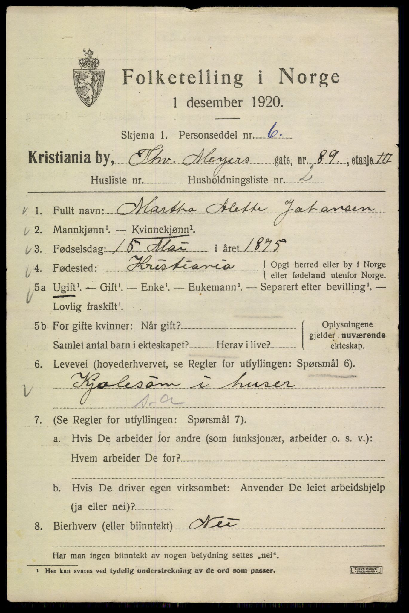 SAO, 1920 census for Kristiania, 1920, p. 580489