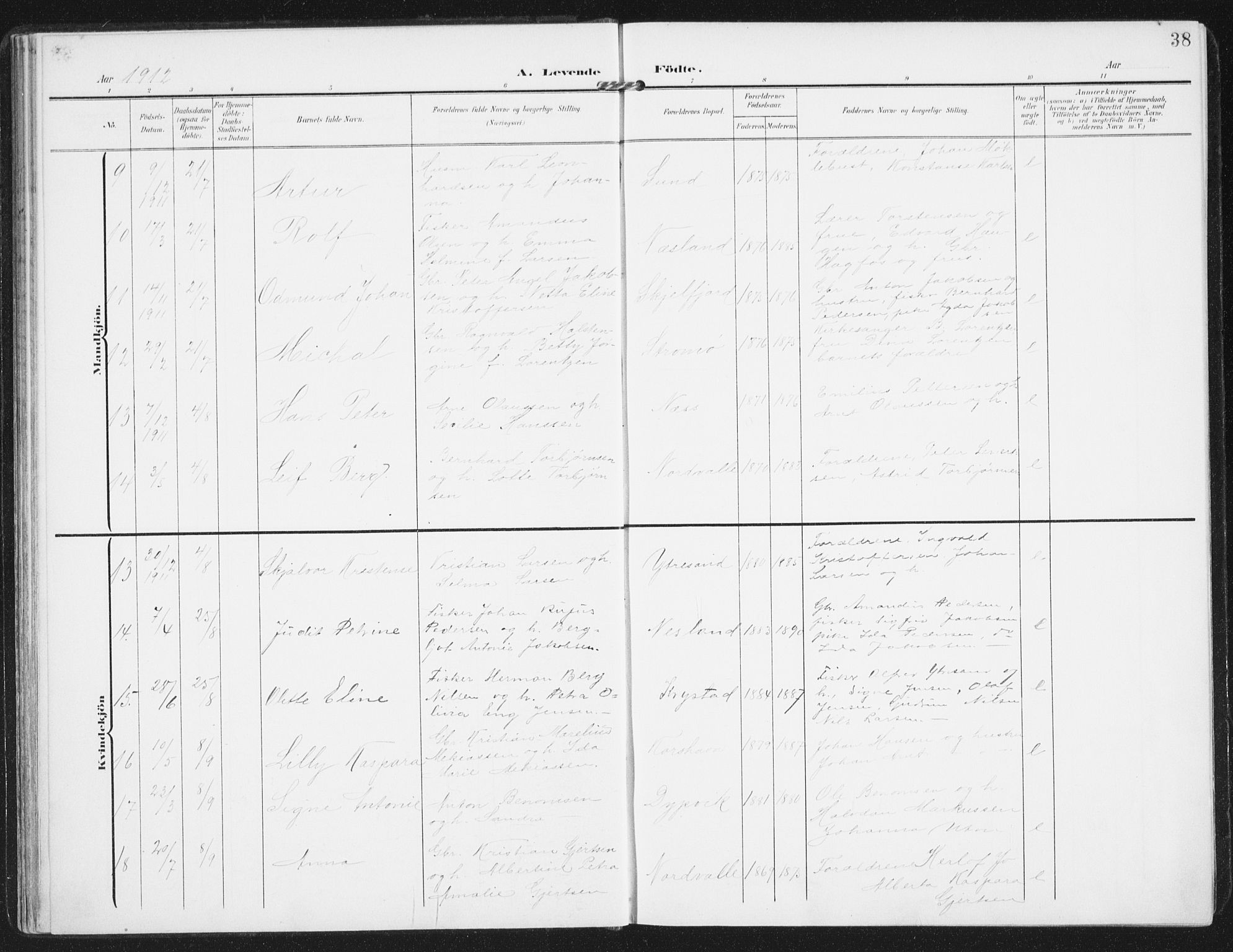 Ministerialprotokoller, klokkerbøker og fødselsregistre - Nordland, AV/SAT-A-1459/885/L1206: Parish register (official) no. 885A07, 1905-1915, p. 38