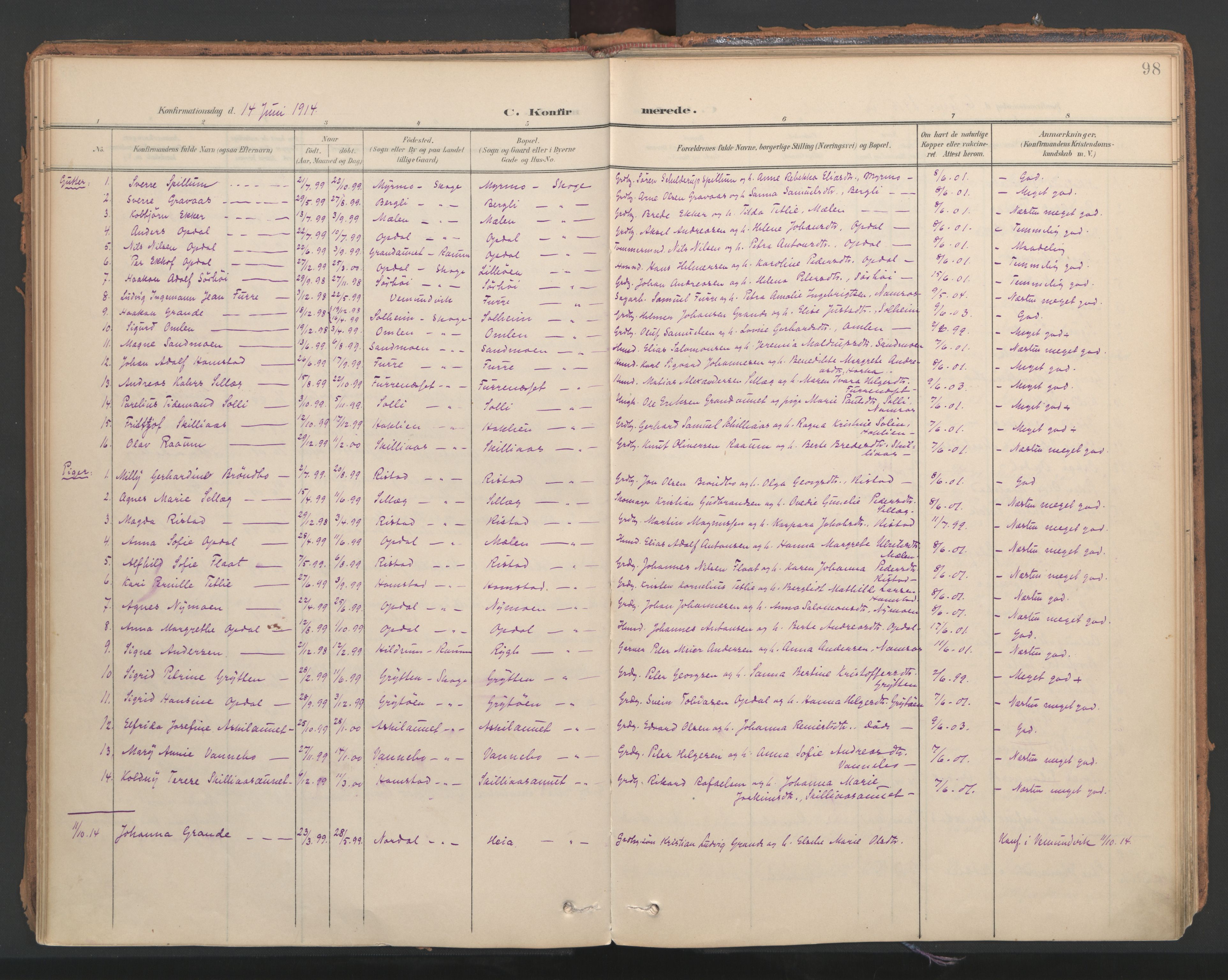Ministerialprotokoller, klokkerbøker og fødselsregistre - Nord-Trøndelag, SAT/A-1458/766/L0564: Parish register (official) no. 767A02, 1900-1932, p. 98