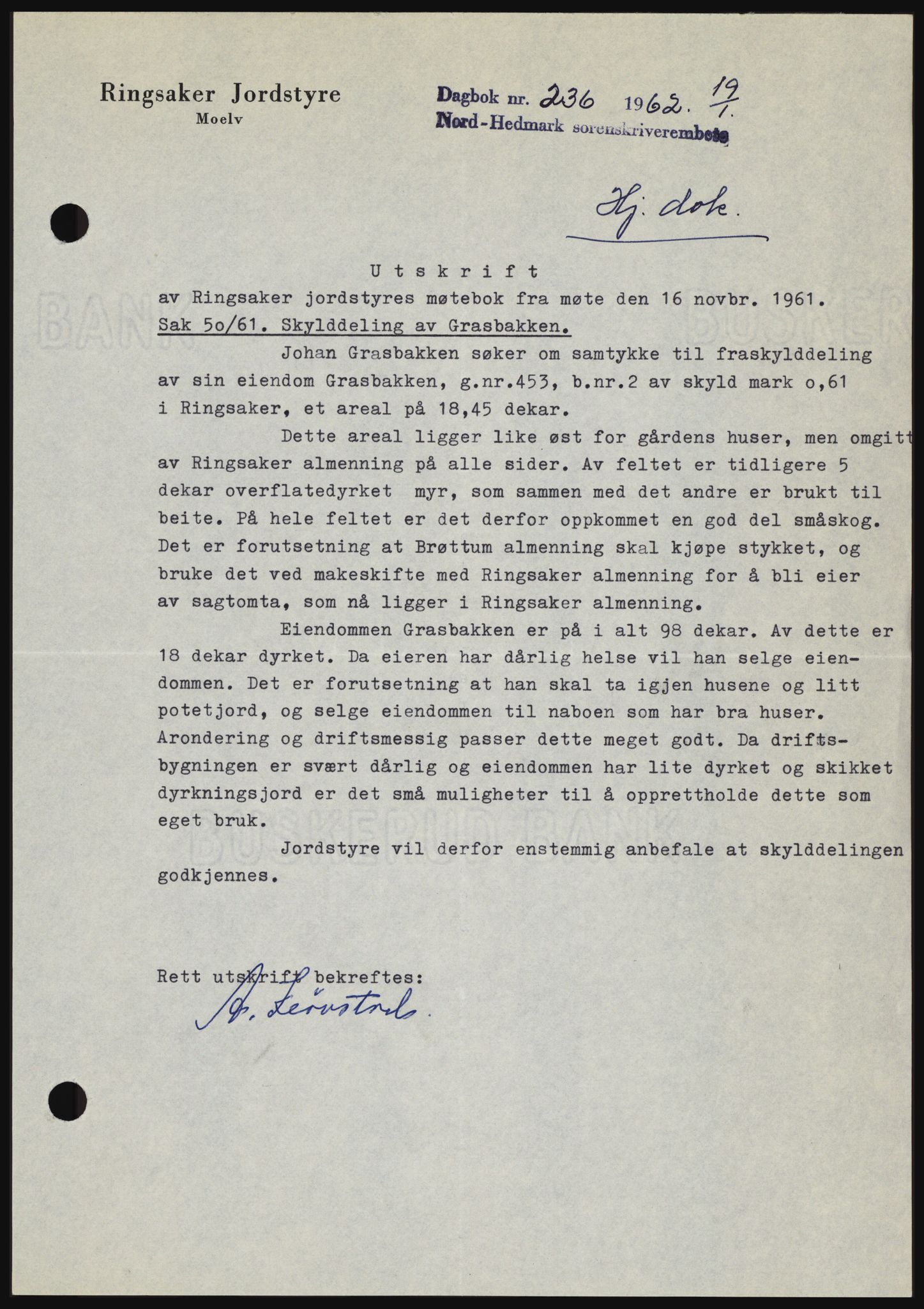 Nord-Hedmark sorenskriveri, SAH/TING-012/H/Hc/L0016: Mortgage book no. 16, 1962-1962, Diary no: : 236/1962
