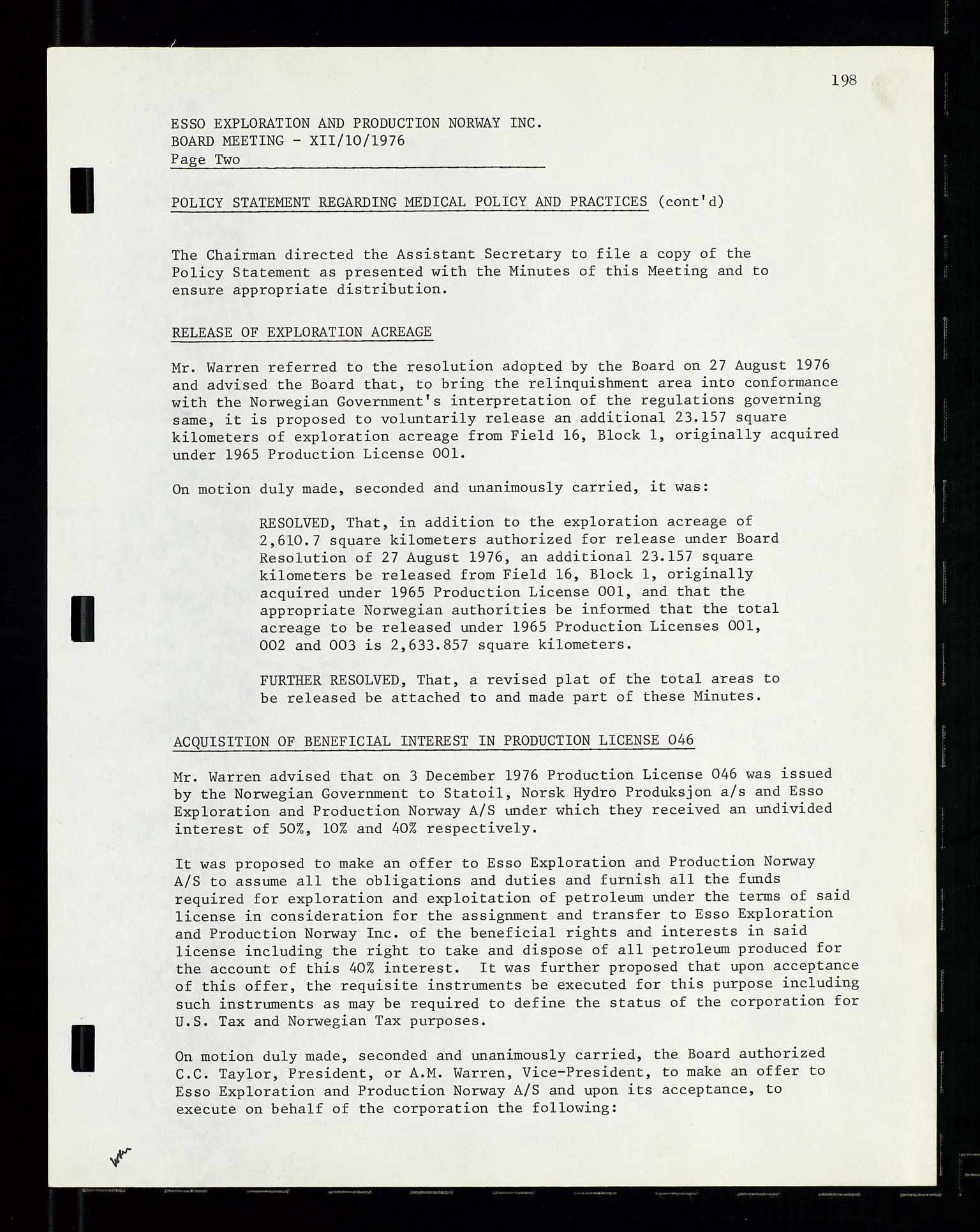 Pa 1512 - Esso Exploration and Production Norway Inc., AV/SAST-A-101917/A/Aa/L0001/0002: Styredokumenter / Corporate records, Board meeting minutes, Agreements, Stocholder meetings, 1975-1979, p. 49