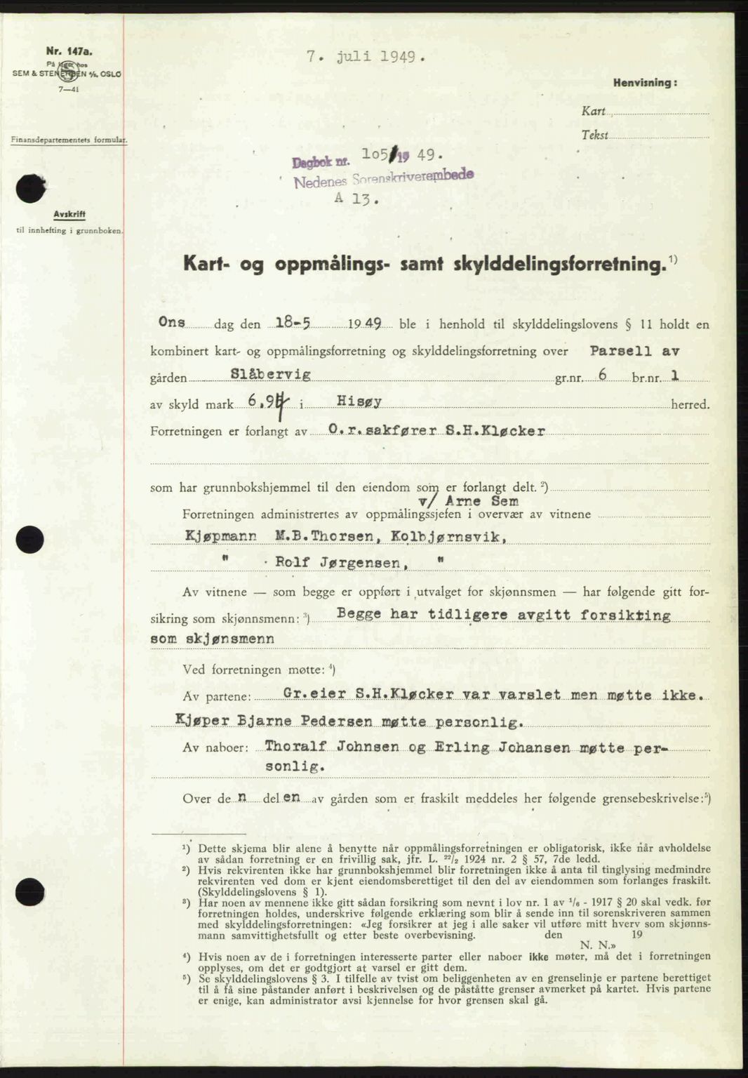 Nedenes sorenskriveri, SAK/1221-0006/G/Gb/Gba/L0061: Mortgage book no. A13, 1949-1949, Diary no: : 1051/1949