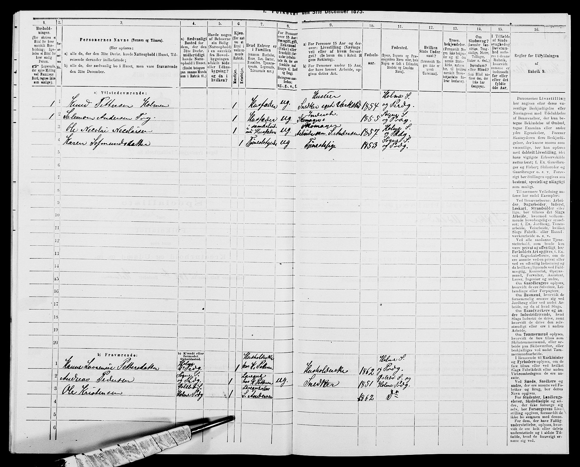 SAK, 1875 census for 1018P Søgne, 1875, p. 905