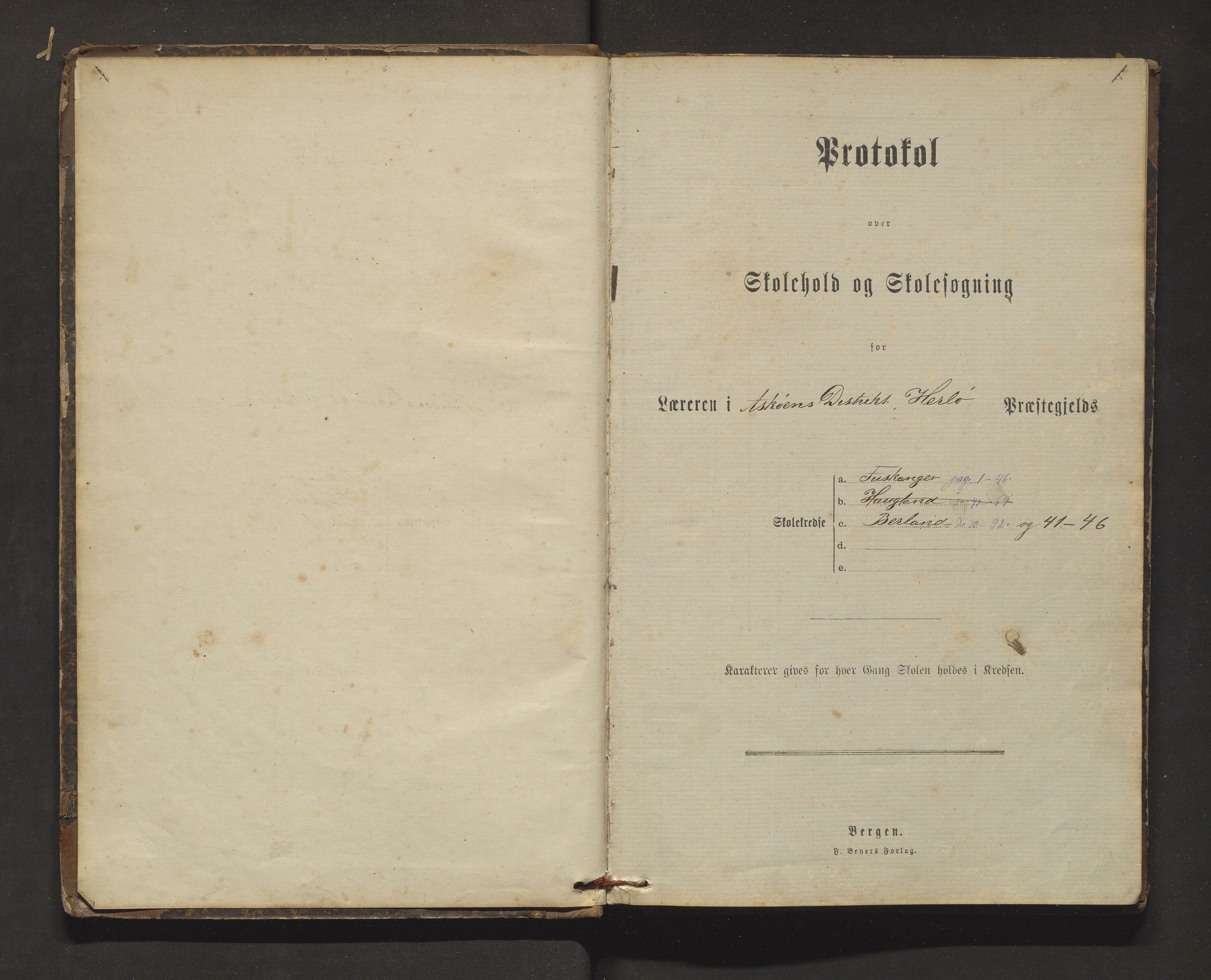 Askøy kommune. Barneskulane, IKAH/1247-231/F/Fi/L0001: Skuleprotokoll for Fauskanger, Haugland, Berland og Fromeide krinsar, 1879-1895