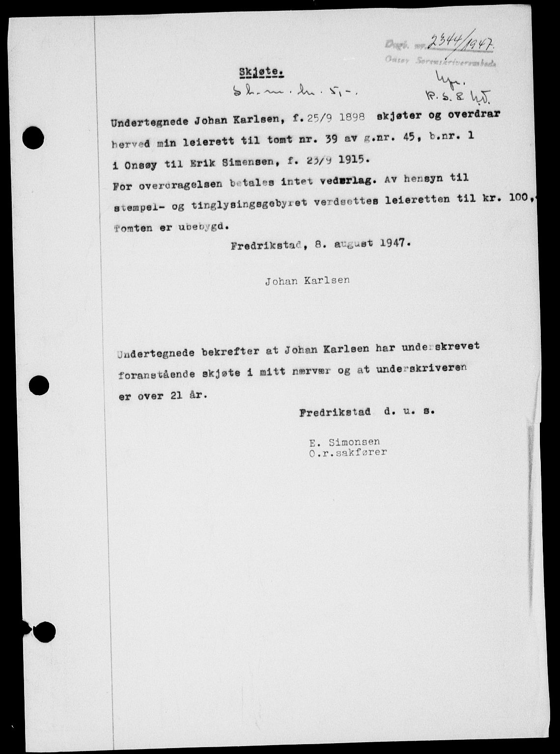 Onsøy sorenskriveri, SAO/A-10474/G/Ga/Gab/L0021: Mortgage book no. II A-21, 1947-1947, Diary no: : 2344/1947