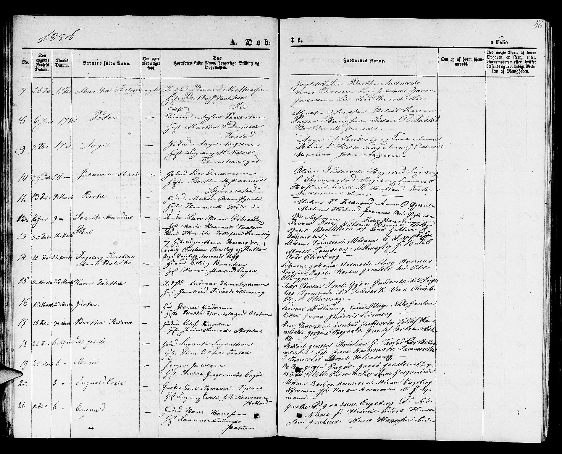 Hetland sokneprestkontor, SAST/A-101826/30/30BB/L0001: Parish register (copy) no. B 1, 1850-1868, p. 56