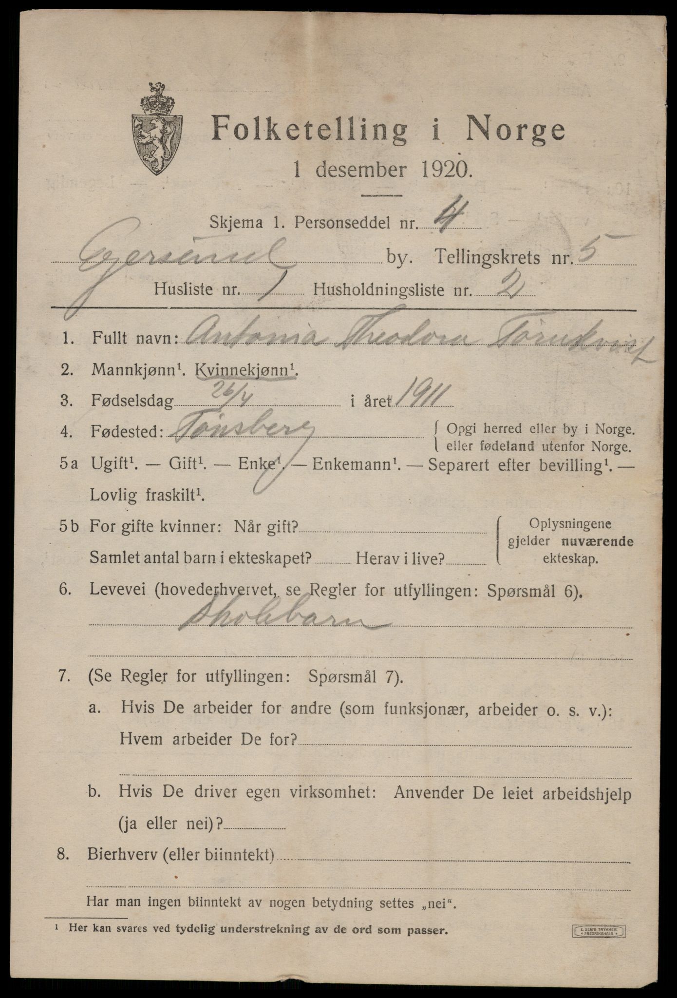 SAST, 1920 census for Egersund town, 1920, p. 8052