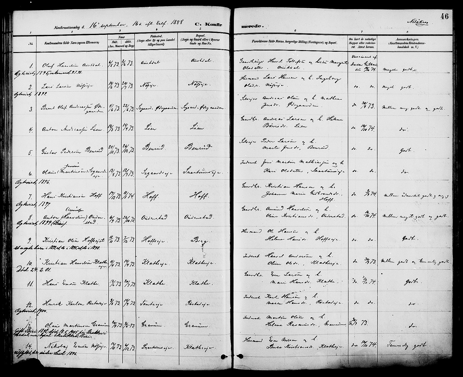 Biri prestekontor, AV/SAH-PREST-096/H/Ha/Haa/L0007: Parish register (official) no. 7, 1887-1893, p. 46