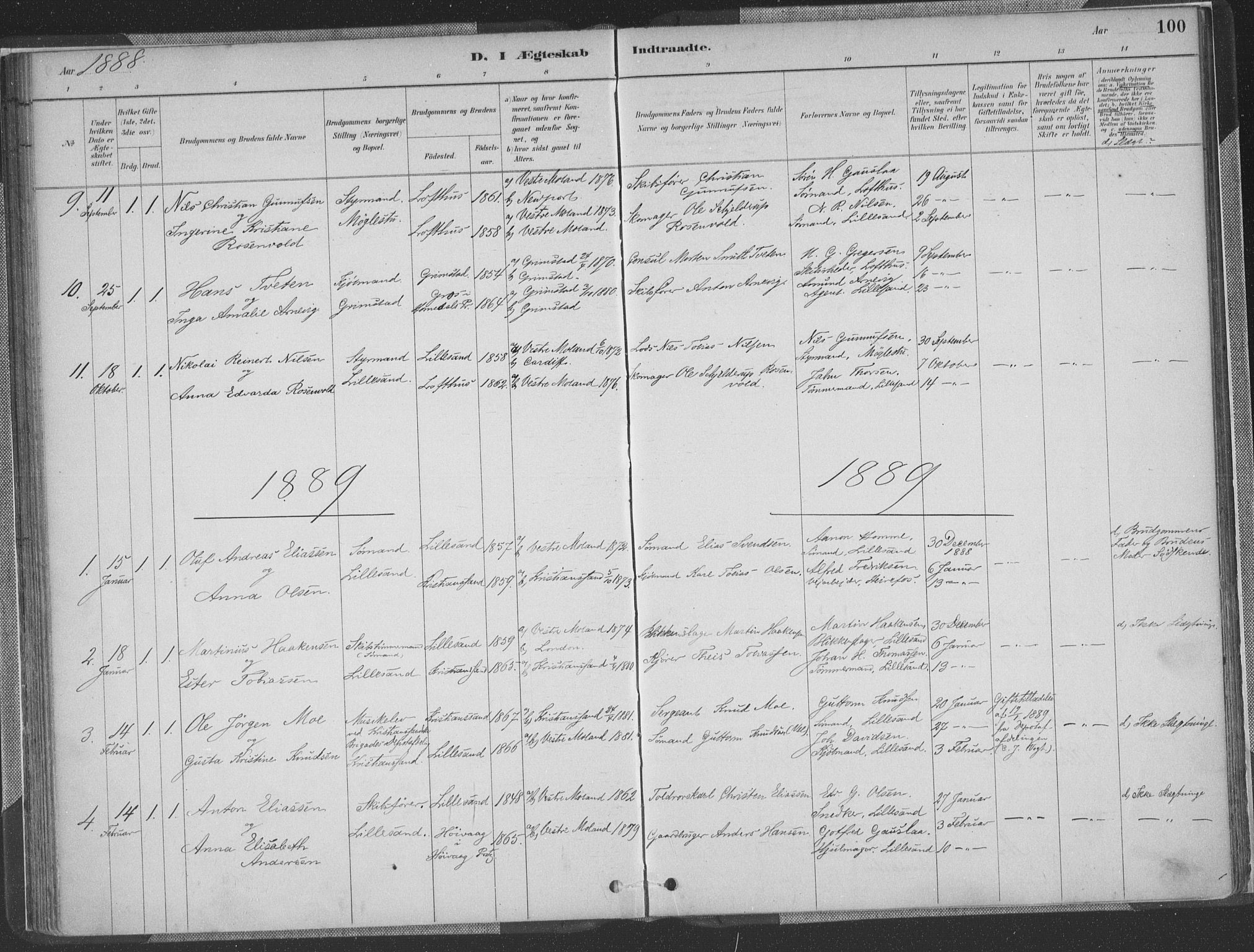 Vestre Moland sokneprestkontor, SAK/1111-0046/F/Fa/Faa/L0001: Parish register (official) no. A 1, 1884-1899, p. 100