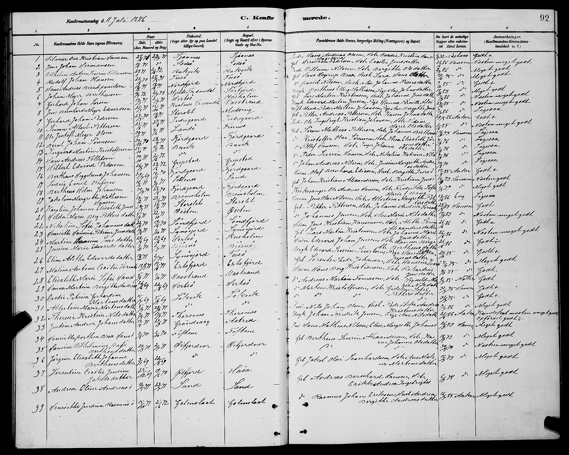 Lenvik sokneprestembete, SATØ/S-1310/H/Ha/Hab/L0021klokker: Parish register (copy) no. 21, 1884-1900, p. 92