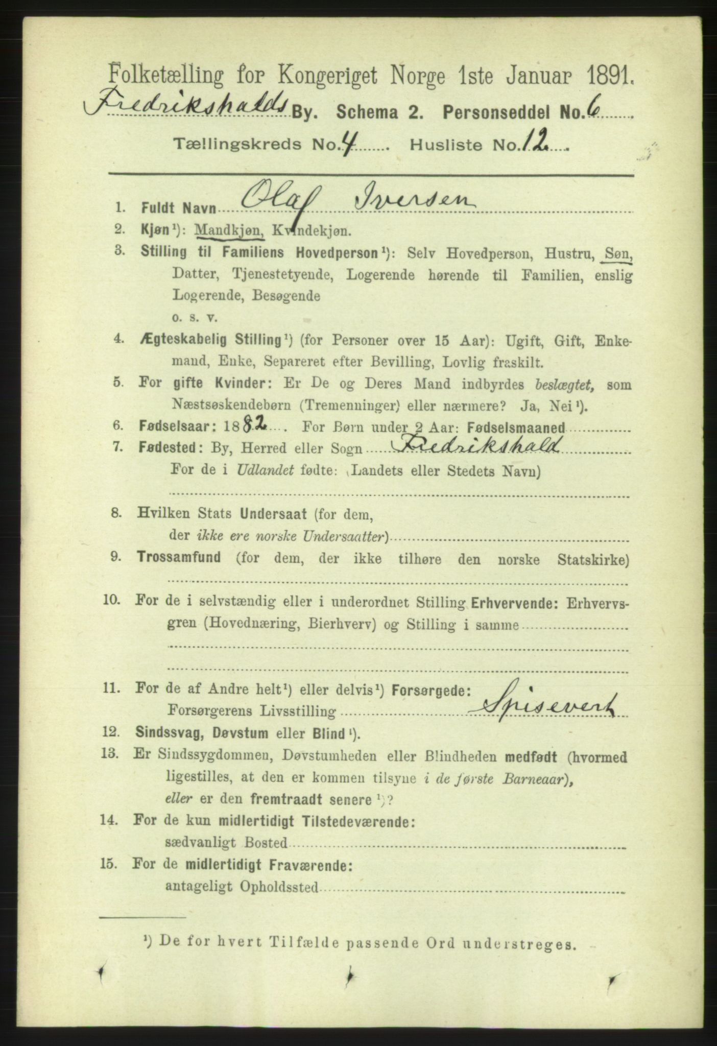 RA, 1891 census for 0101 Fredrikshald, 1891, p. 3845