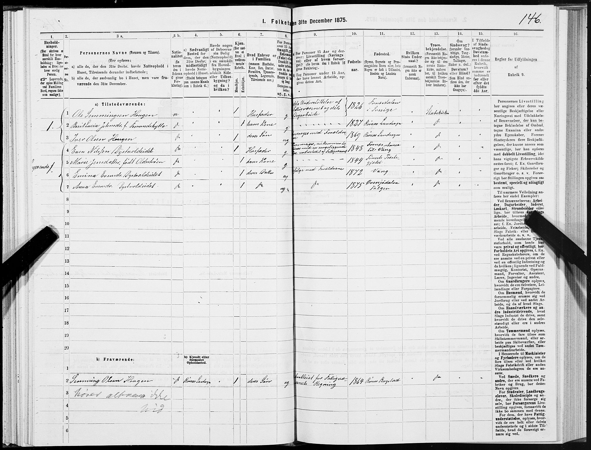 SAT, 1875 census for 1640P Røros, 1875, p. 1146