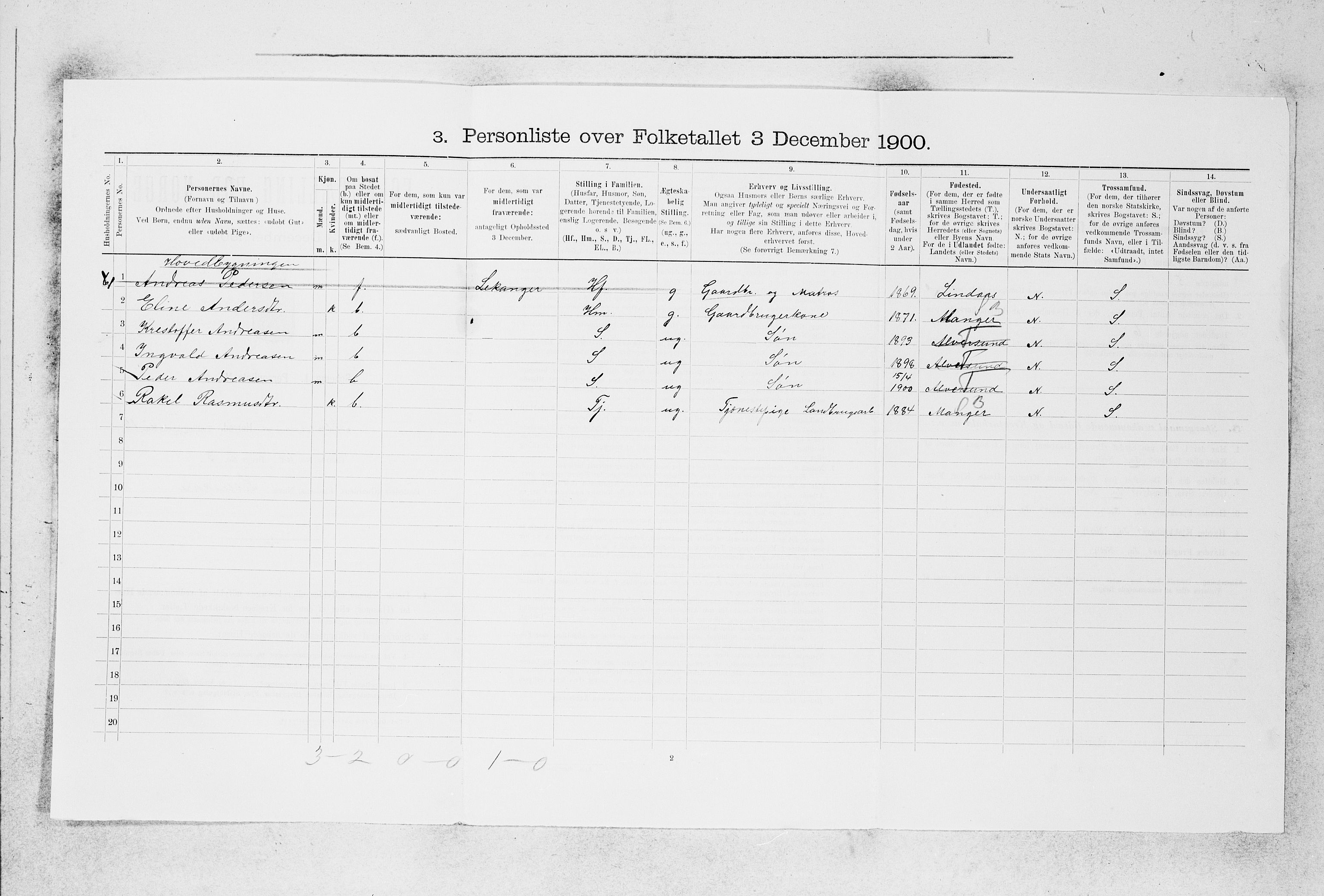 SAB, 1900 census for Alversund, 1900, p. 73