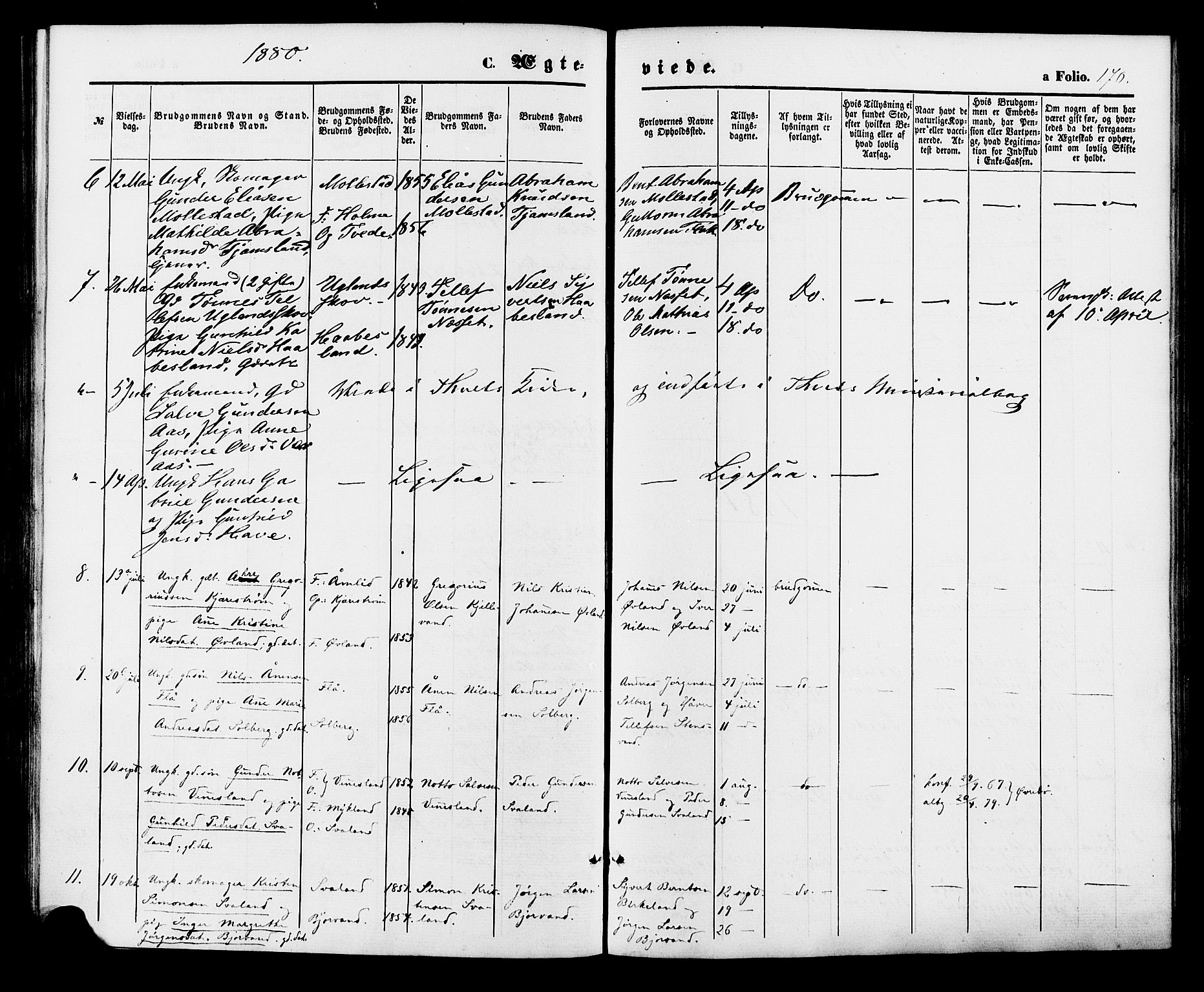 Birkenes sokneprestkontor, AV/SAK-1111-0004/F/Fa/L0004: Parish register (official) no. A 4, 1867-1886, p. 170