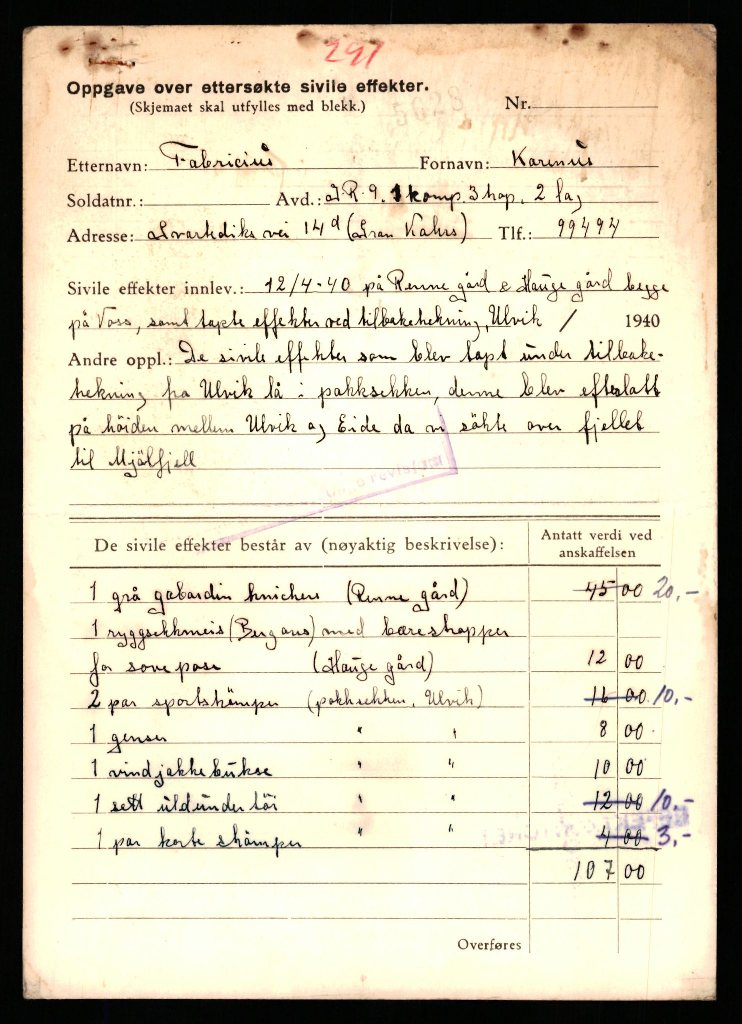 Justisdepartementet, Oppgjørsavdelingen, AV/RA-S-1056/G/Gb/L0018: Oppgaver over ettersøkte sivile effekter: Fabricius - Fjeldså, 1940-1942, p. 3