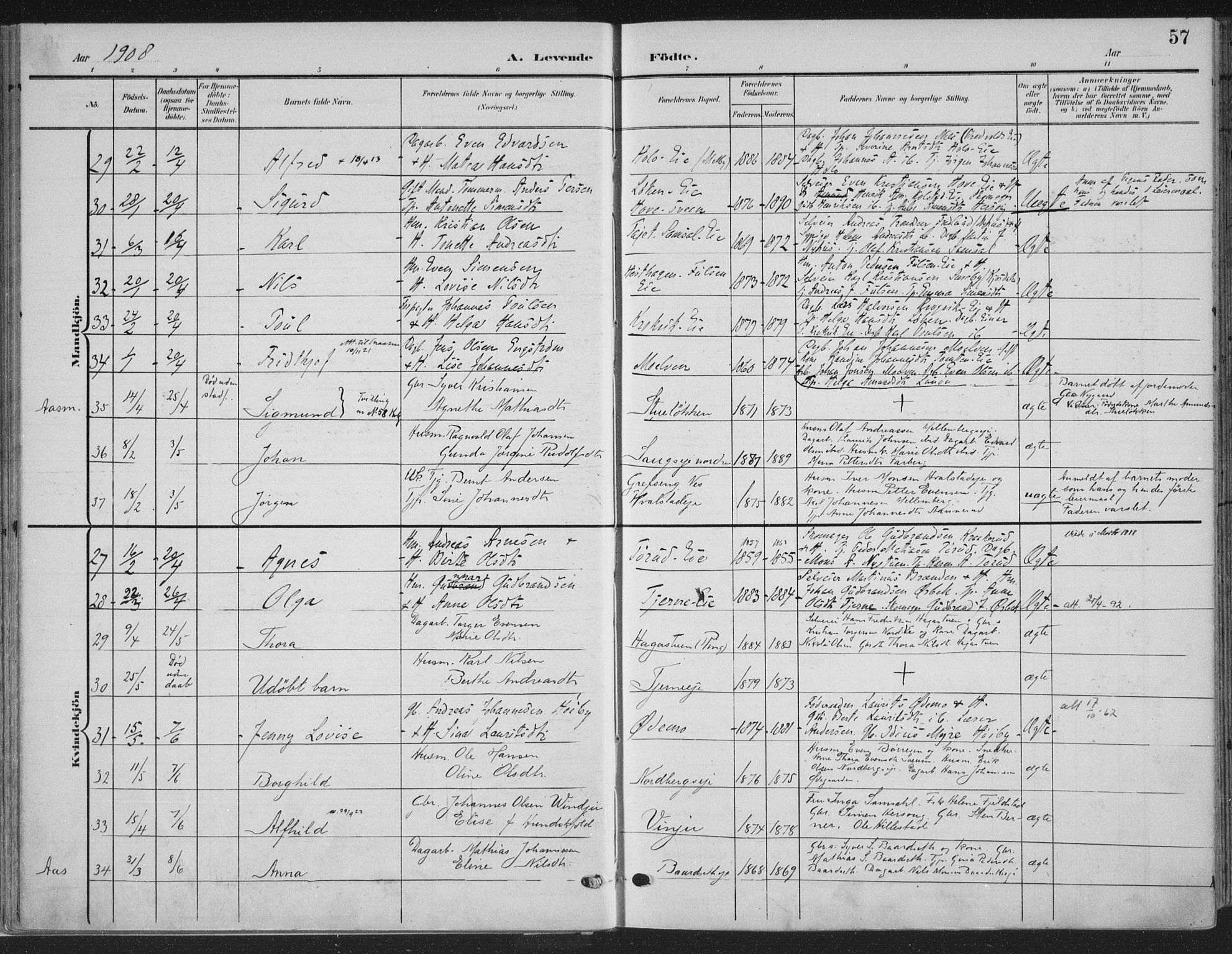 Ringsaker prestekontor, AV/SAH-PREST-014/K/Ka/L0018: Parish register (official) no. 18, 1903-1912, p. 57