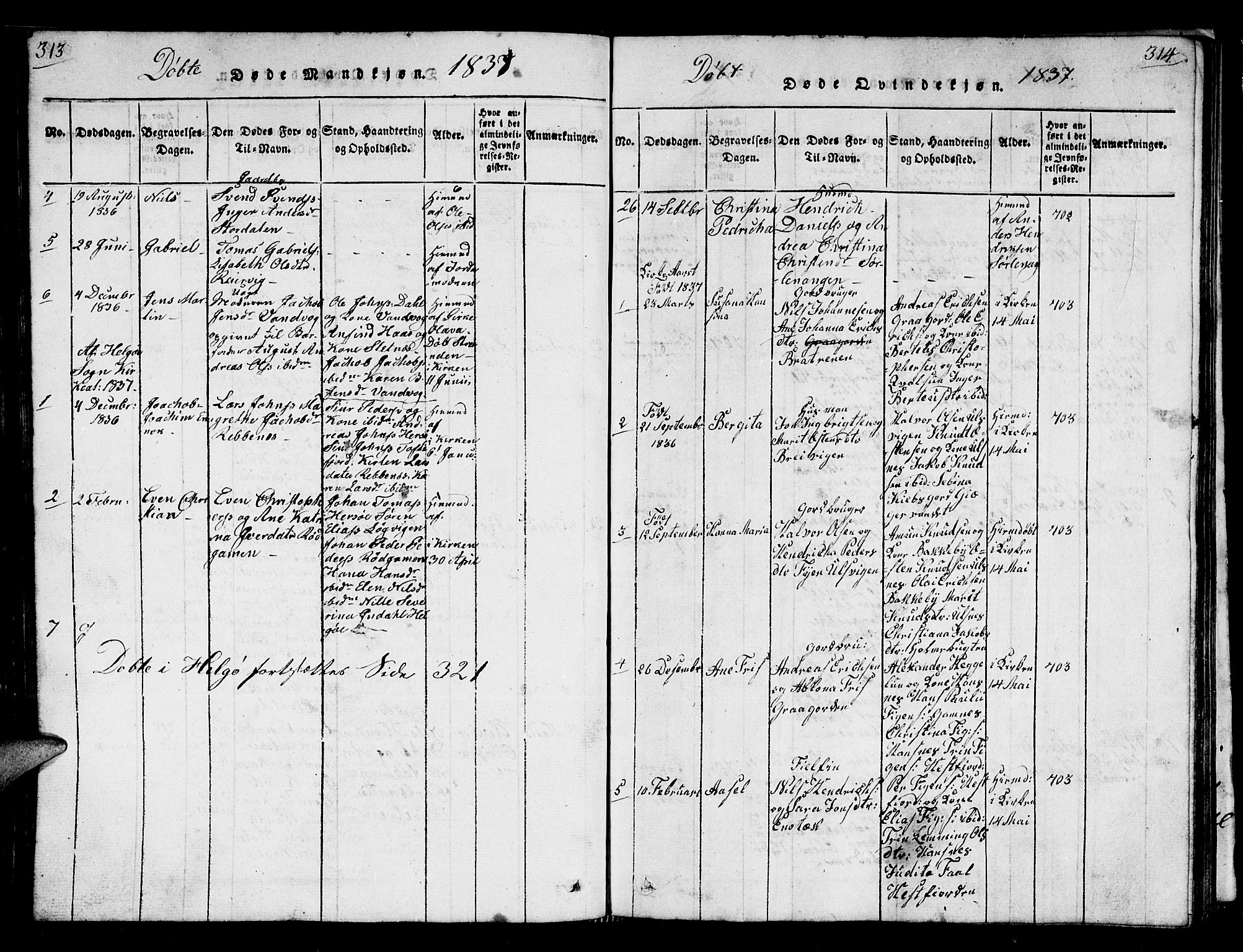 Karlsøy sokneprestembete, AV/SATØ-S-1299/H/Ha/Hab/L0001klokker: Parish register (copy) no. 1, 1821-1840, p. 313-314