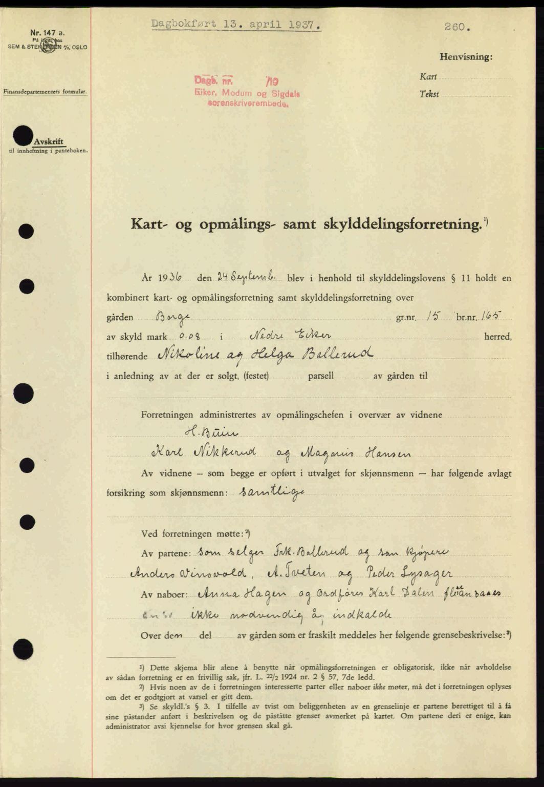 Eiker, Modum og Sigdal sorenskriveri, SAKO/A-123/G/Ga/Gab/L0035: Mortgage book no. A5, 1937-1937, Diary no: : 819/1937