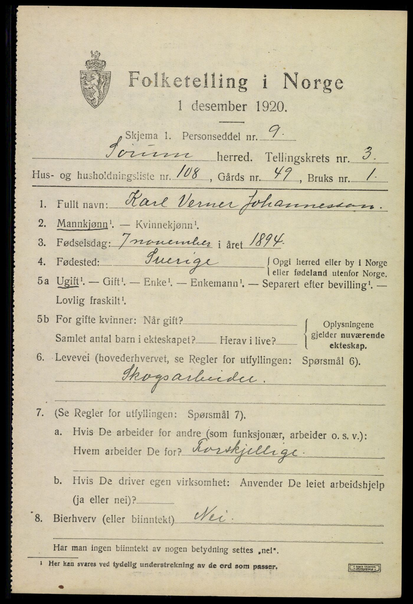 SAO, 1920 census for Sørum, 1920, p. 3405