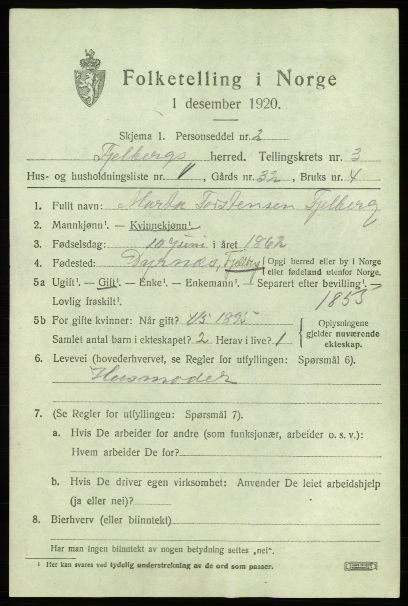 SAB, 1920 census for Fjelberg, 1920, p. 1125