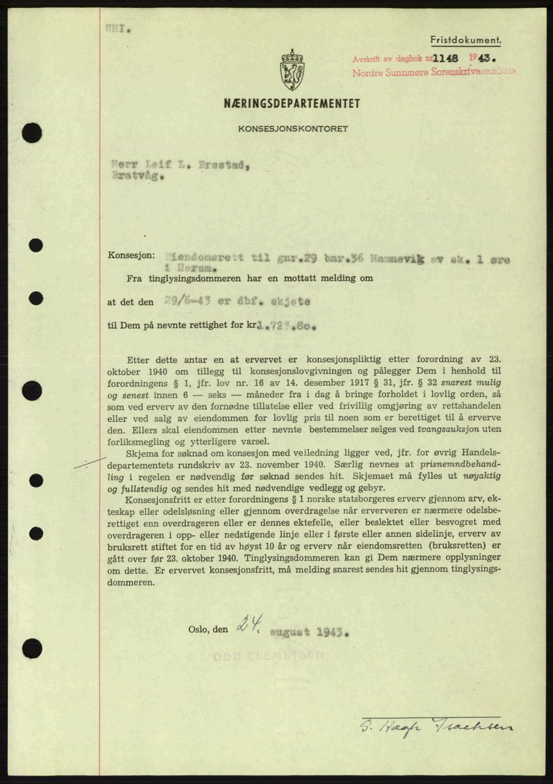 Nordre Sunnmøre sorenskriveri, SAT/A-0006/1/2/2C/2Ca: Mortgage book no. B6-14 a, 1942-1945, Diary no: : 1148/1943