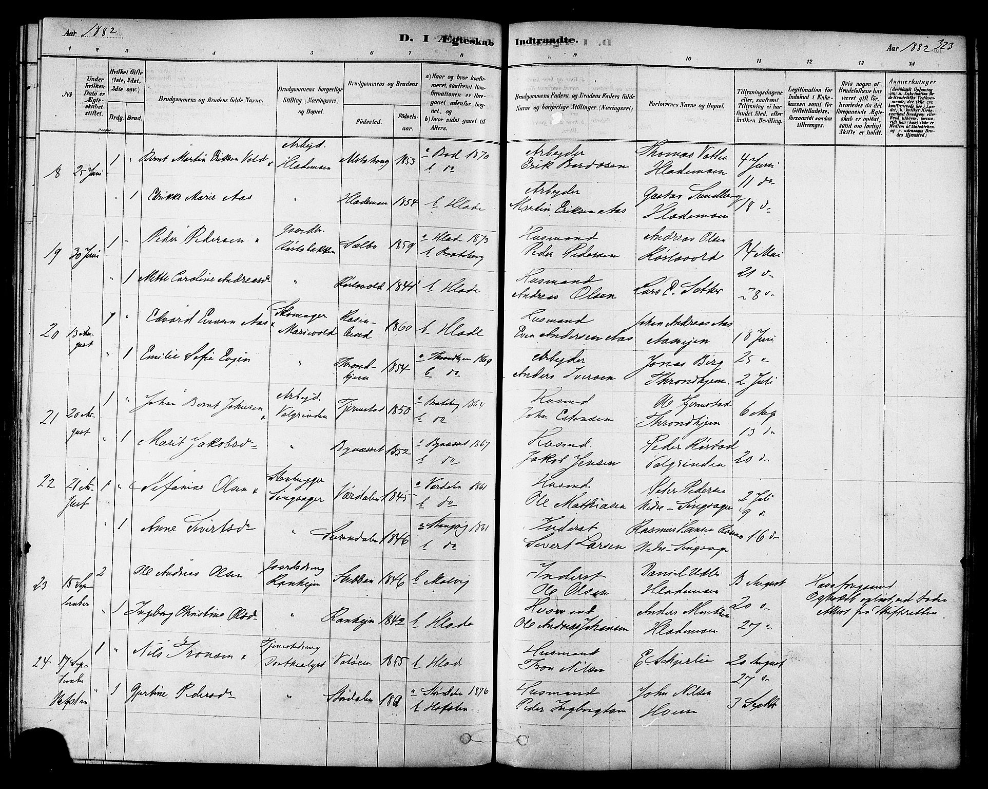 Ministerialprotokoller, klokkerbøker og fødselsregistre - Sør-Trøndelag, SAT/A-1456/606/L0294: Parish register (official) no. 606A09, 1878-1886, p. 323