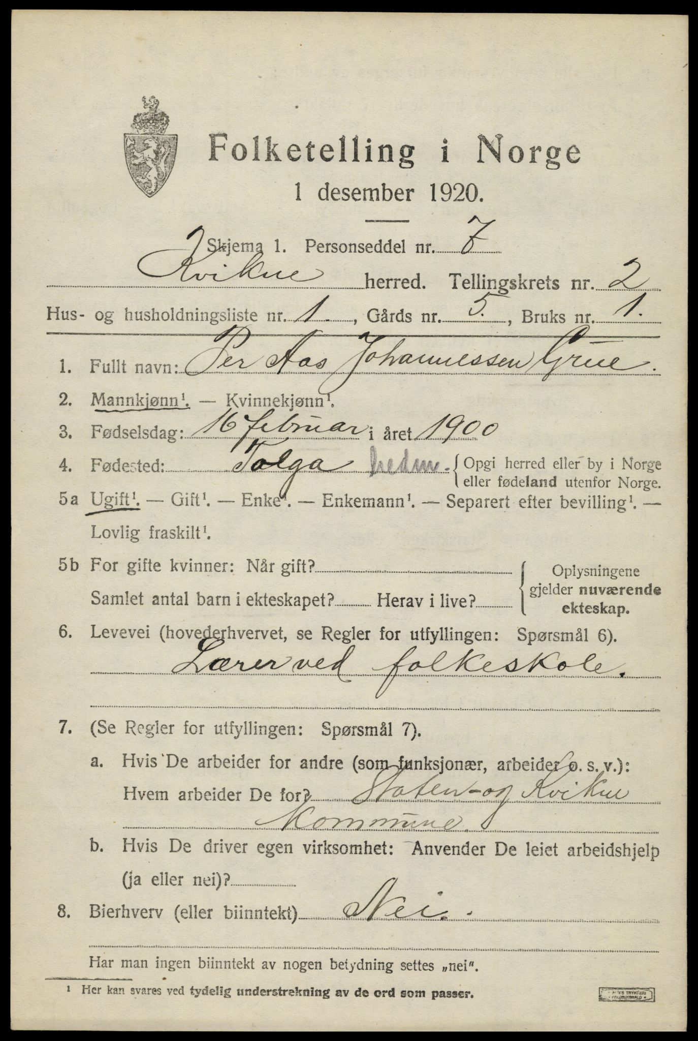 SAH, 1920 census for Kvikne, 1920, p. 980