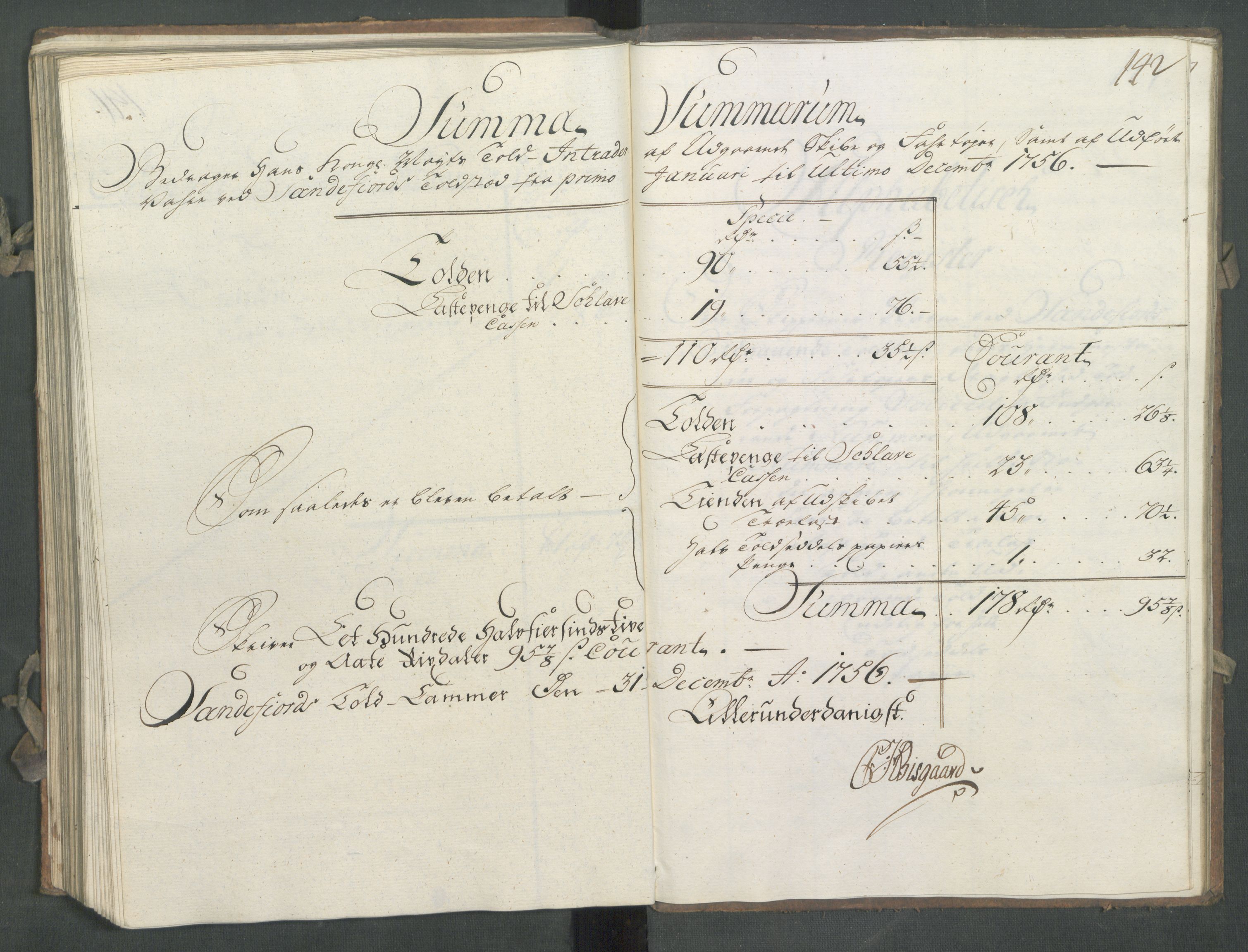 Generaltollkammeret, tollregnskaper, AV/RA-EA-5490/R11/L0027/0001: Tollregnskaper Larvik og Sandefjord / Utgående hovedtollbok, 1756, p. 141b-142a