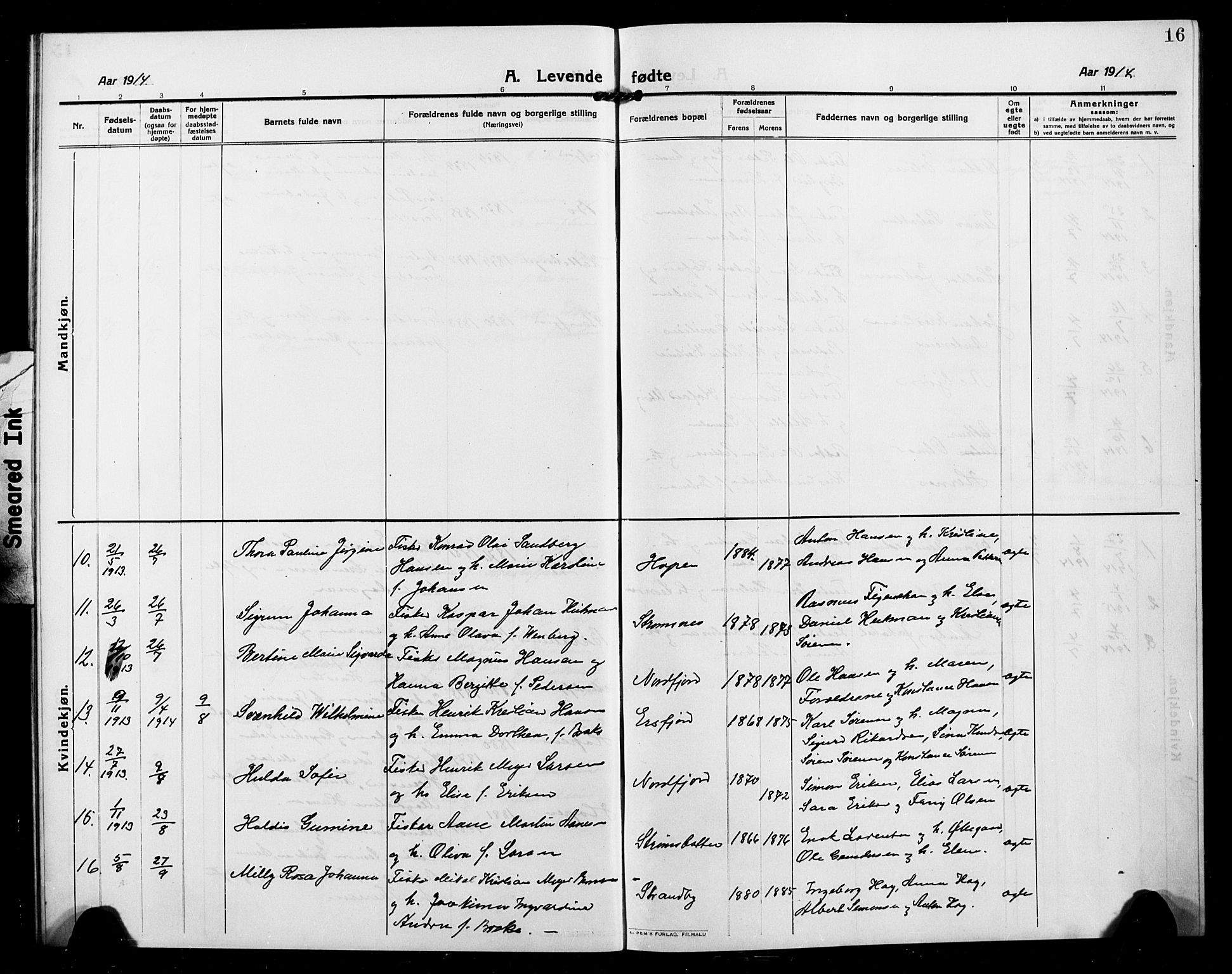 Berg sokneprestkontor, AV/SATØ-S-1318/G/Ga/Gab/L0006klokker: Parish register (copy) no. 6, 1912-1921, p. 16