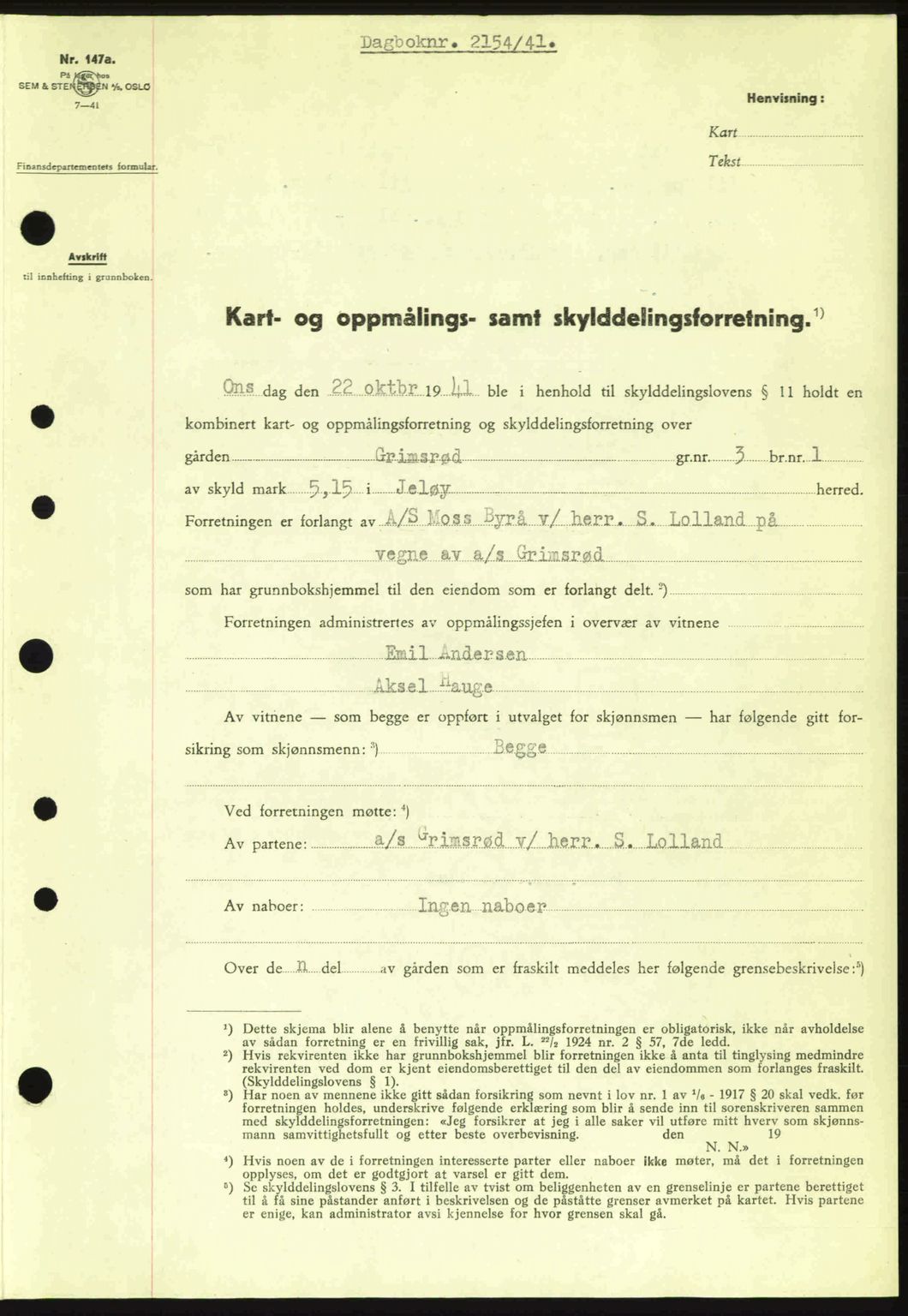 Moss sorenskriveri, SAO/A-10168: Mortgage book no. A9, 1941-1942, Diary no: : 2154/1941