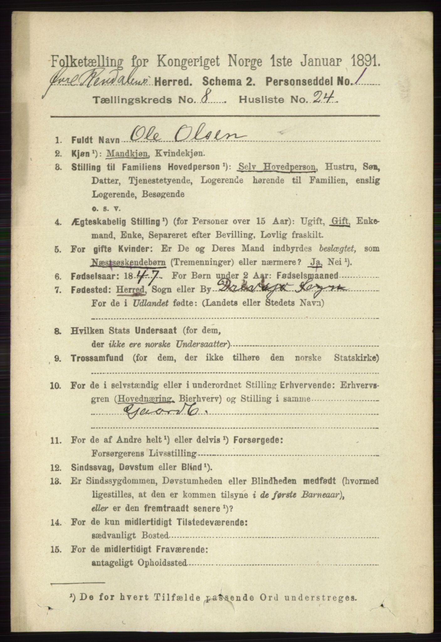 RA, 1891 census for 0433 Øvre Rendal, 1891, p. 2167