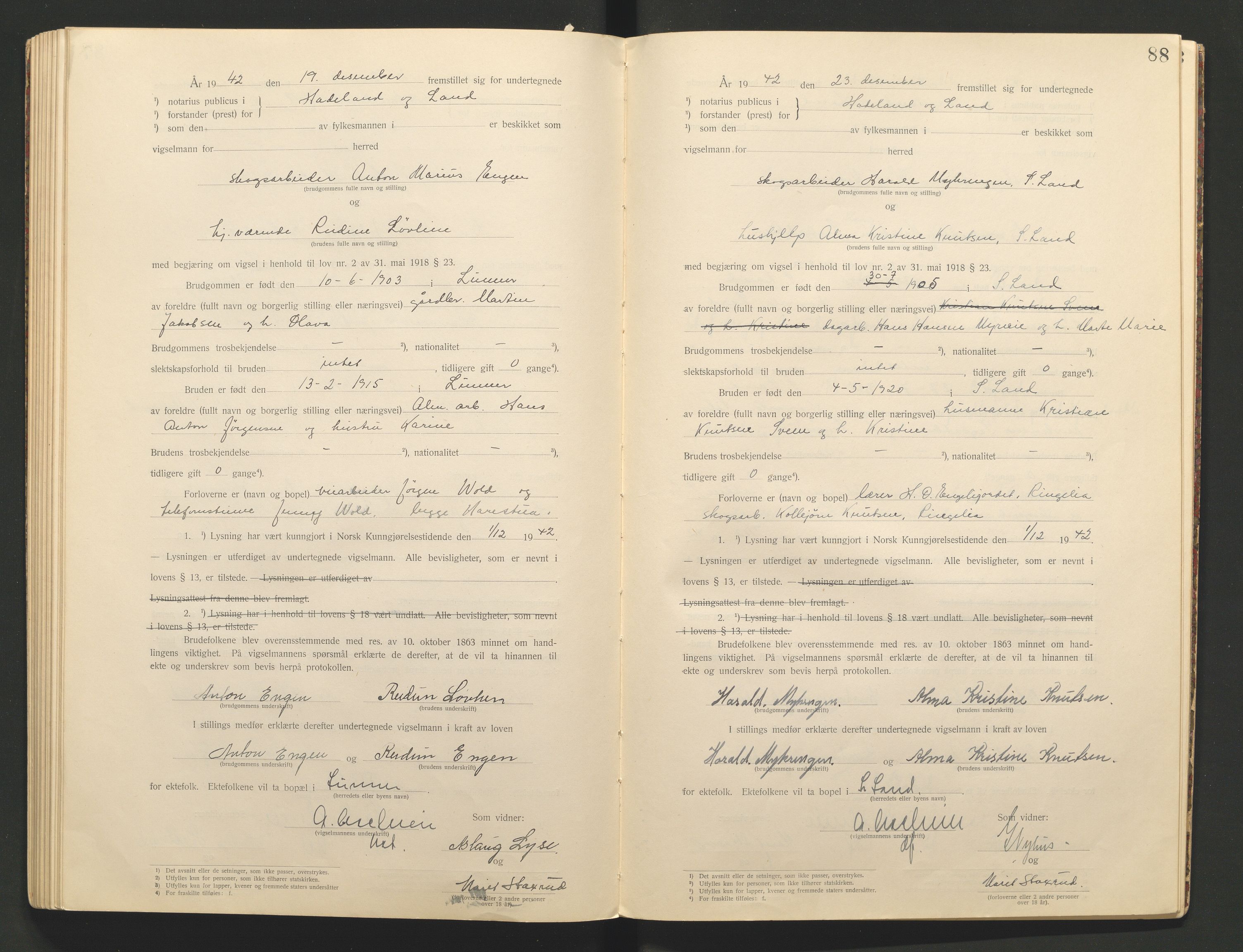 Hadeland og Land tingrett, AV/SAH-TING-010/L/Lb/L0001: Vigselbok, 1920-1943, p. 88