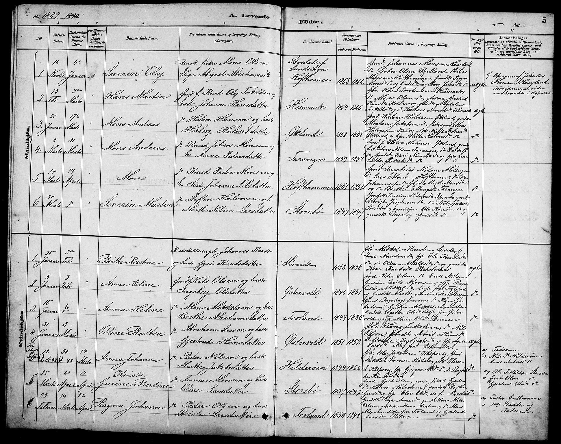 Austevoll Sokneprestembete, SAB/A-74201/H/Hab: Parish register (copy) no. A 3, 1889-1900, p. 5