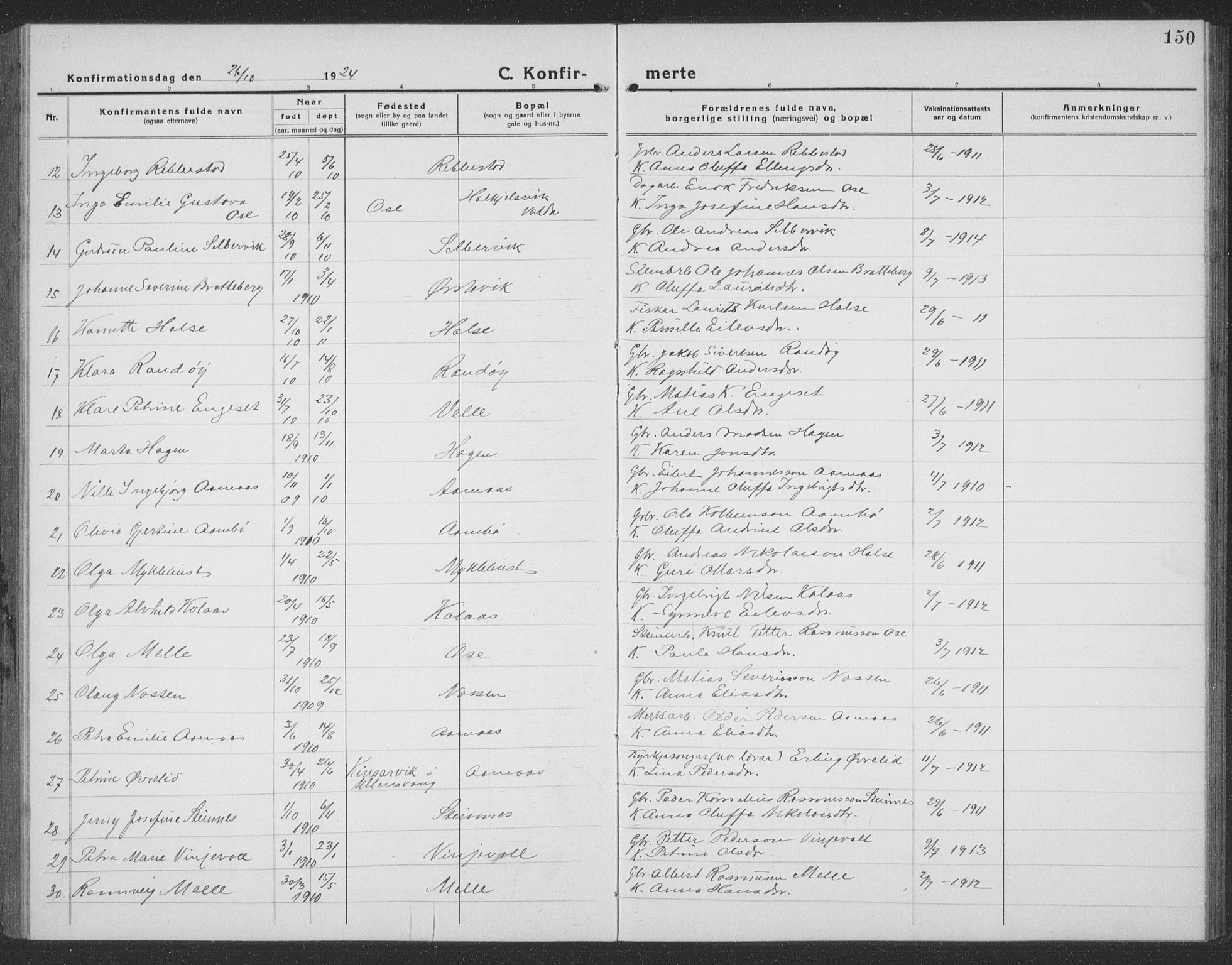 Ministerialprotokoller, klokkerbøker og fødselsregistre - Møre og Romsdal, SAT/A-1454/513/L0191: Parish register (copy) no. 513C05, 1920-1941, p. 150
