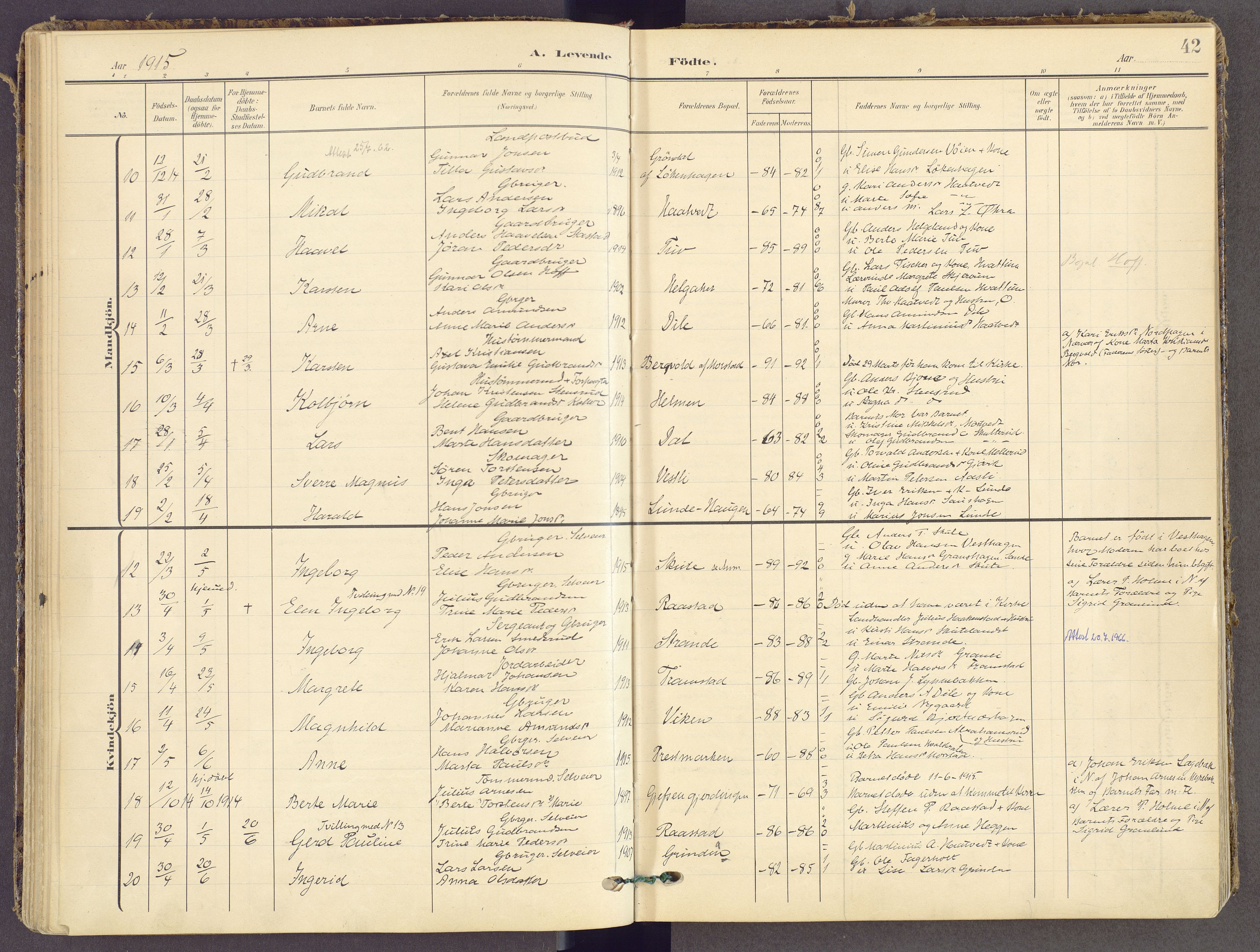 Gran prestekontor, SAH/PREST-112/H/Ha/Haa/L0021: Parish register (official) no. 21, 1908-1932, p. 42