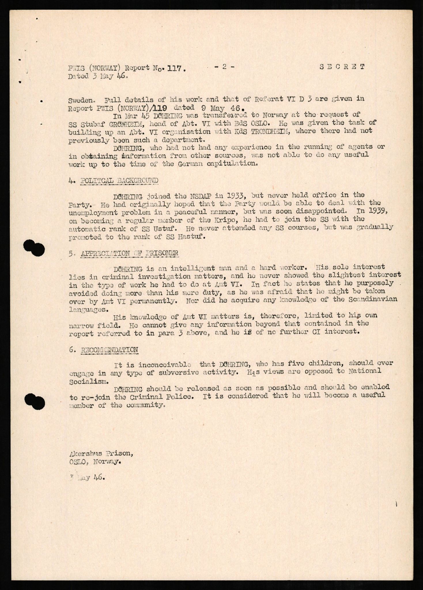 Forsvaret, Forsvarets overkommando II, AV/RA-RAFA-3915/D/Db/L0006: CI Questionaires. Tyske okkupasjonsstyrker i Norge. Tyskere., 1945-1946, p. 384