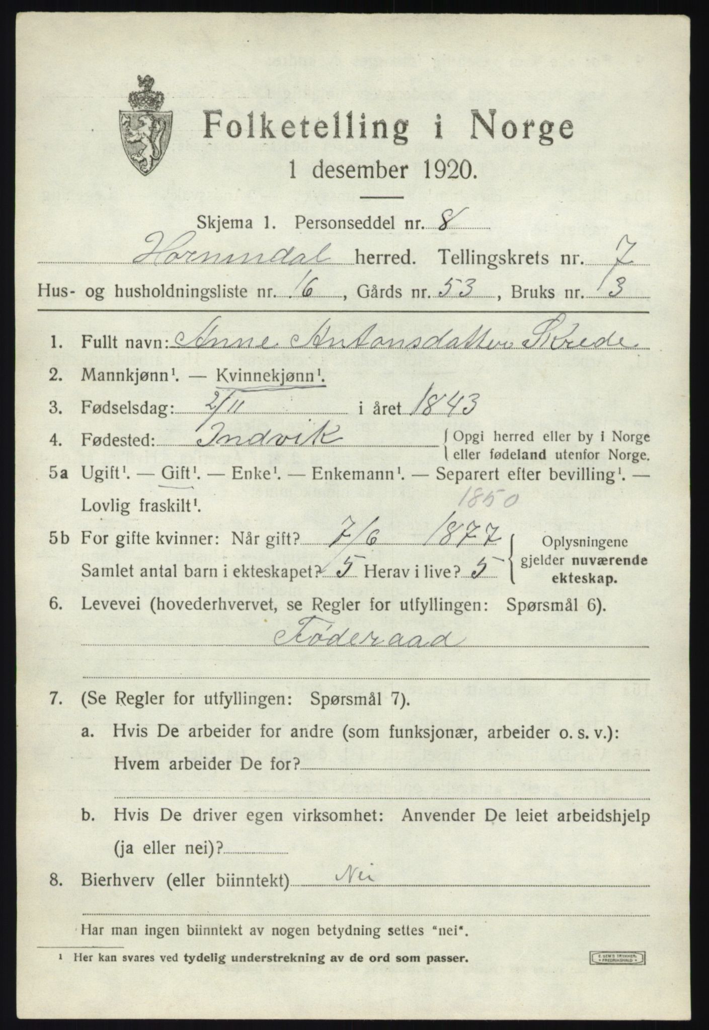 SAB, 1920 census for Hornindal, 1920, p. 3766